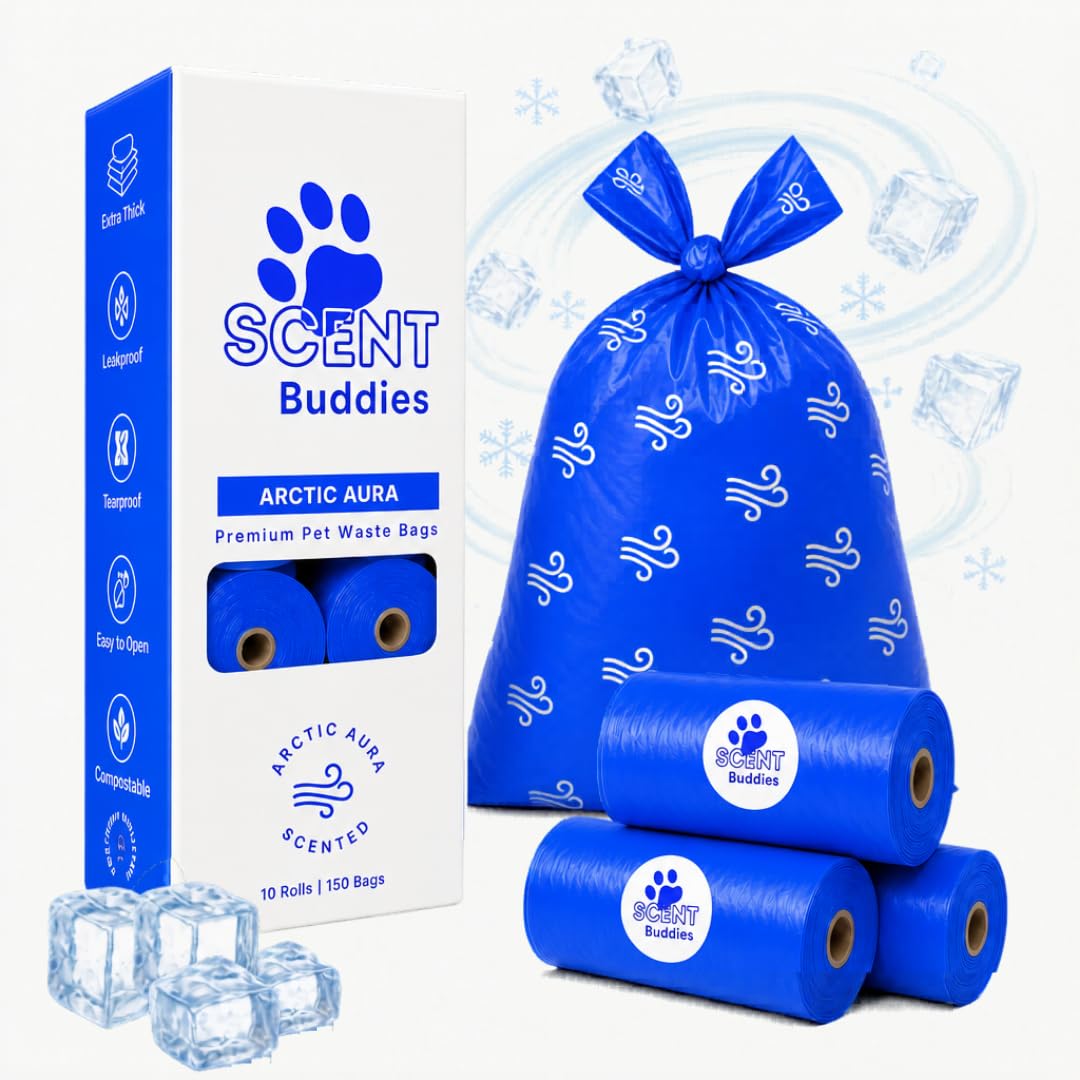 Scent Buddies NEW Artic Aura Scented Dog Poo Bags with Handles Extra Thick Opaque 20 Micron Leakproof Blue Poop Bags for Large Dogs Biodegradable Waste Carrier Box of 10