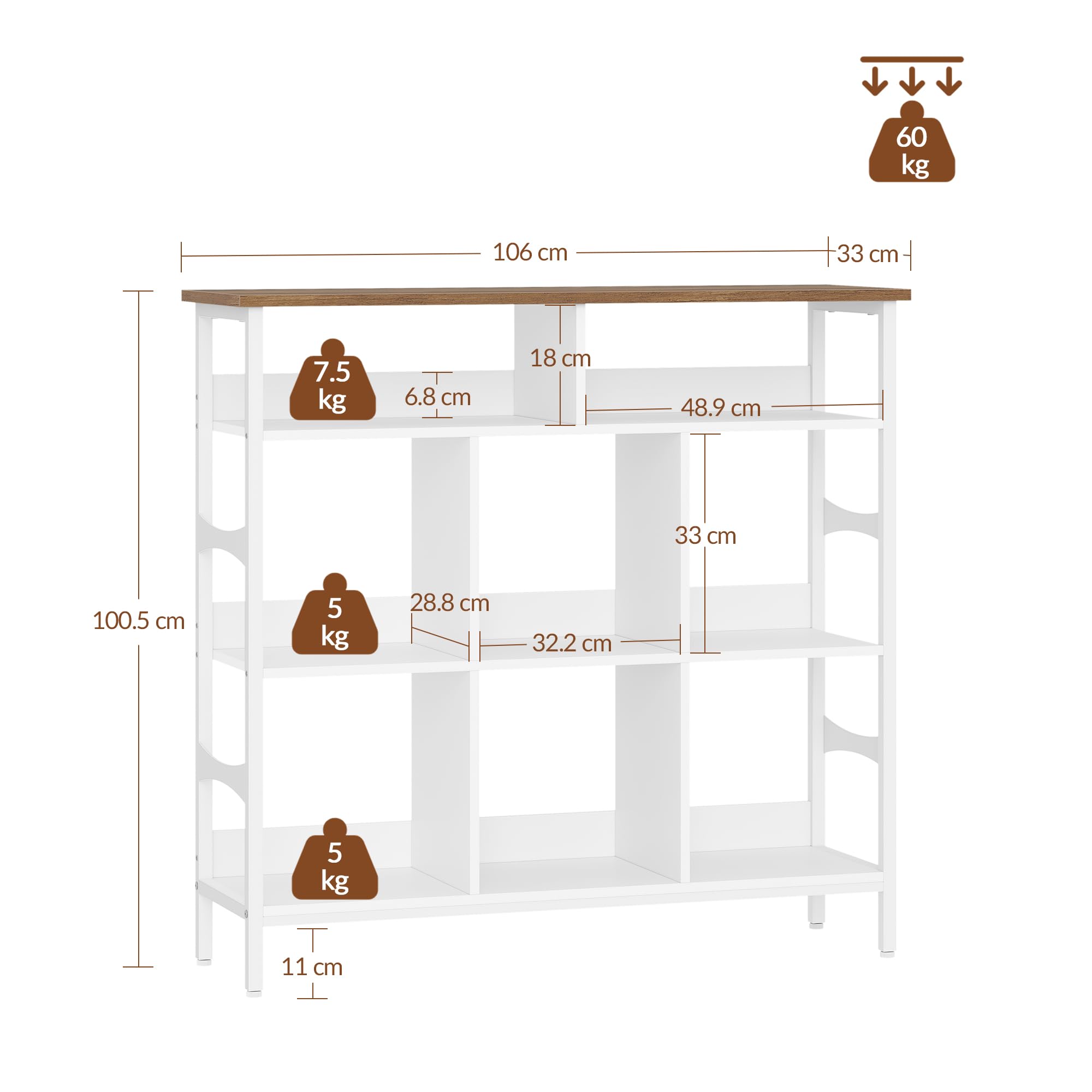 Bibliothèque Meuble de Rangement, 106 x 33 x 100,5cm Blanc/Marron