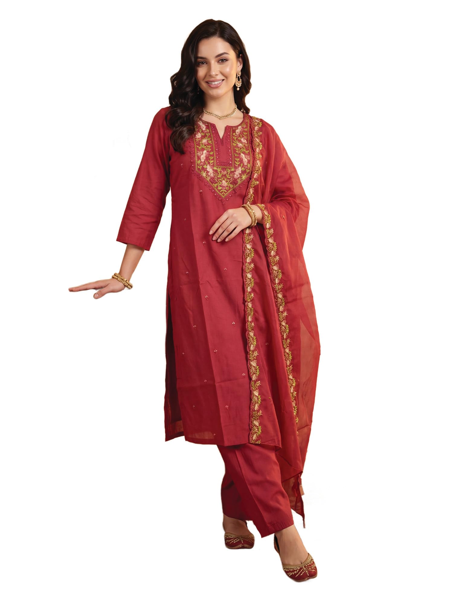 indo era Women's Silk Blend Floral Embroidered Thread Work Kurta & Pant with Dupatta Set-picture-41
