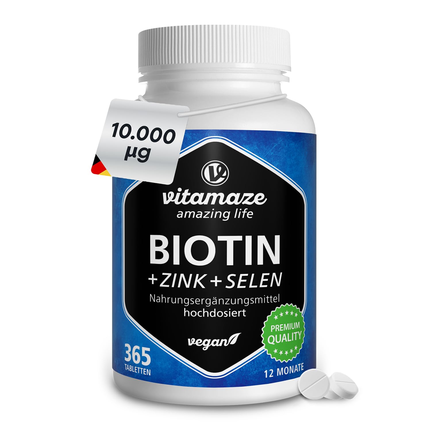 Vitamaze Biotin hochdosiert 10.000 mcg + Selen + Zink für Haare, Haut & Nägel, 365 vegane Tabletten für 1 Jahr, D-Biotin, Nahrungsergänzung ohne Zusatzstoffe, Made in Germany