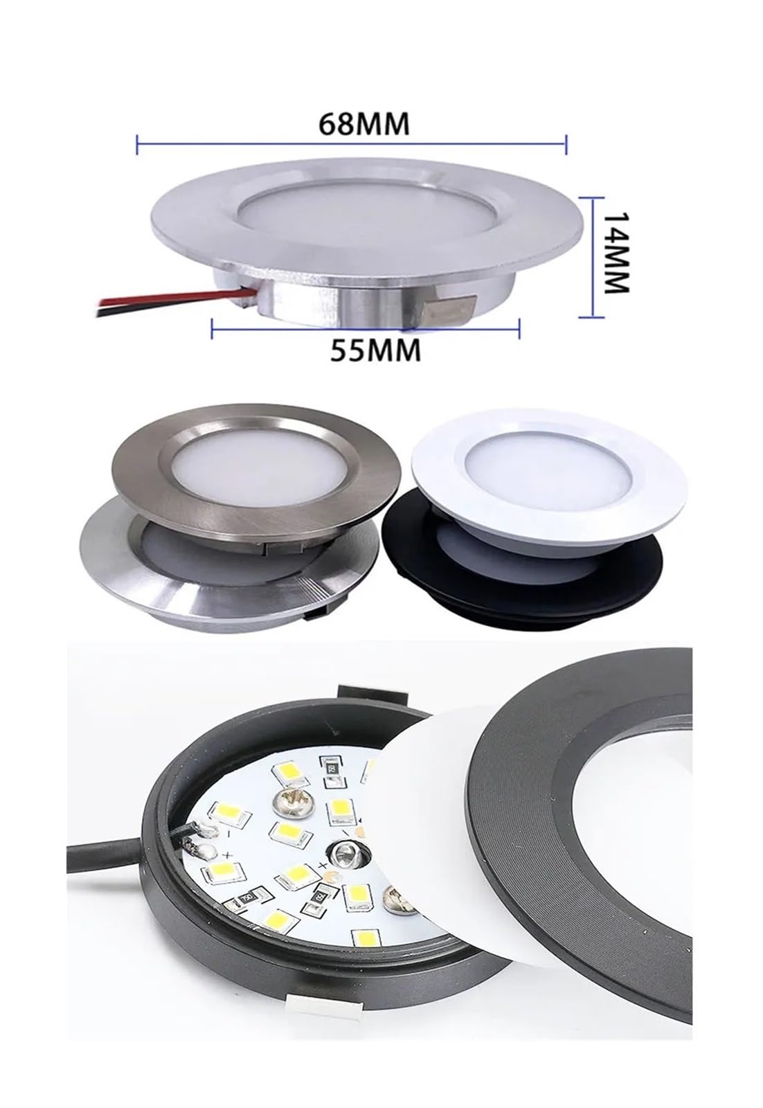 4 pezzi 12V 24V luce LED sottile for armadietto 3W ultra sottile 14mm 2'' lampada da incasso a soffitto foro 55mm luce da incasso for libreria domestica(Natural White,SILVER SHELL_DC 24V)