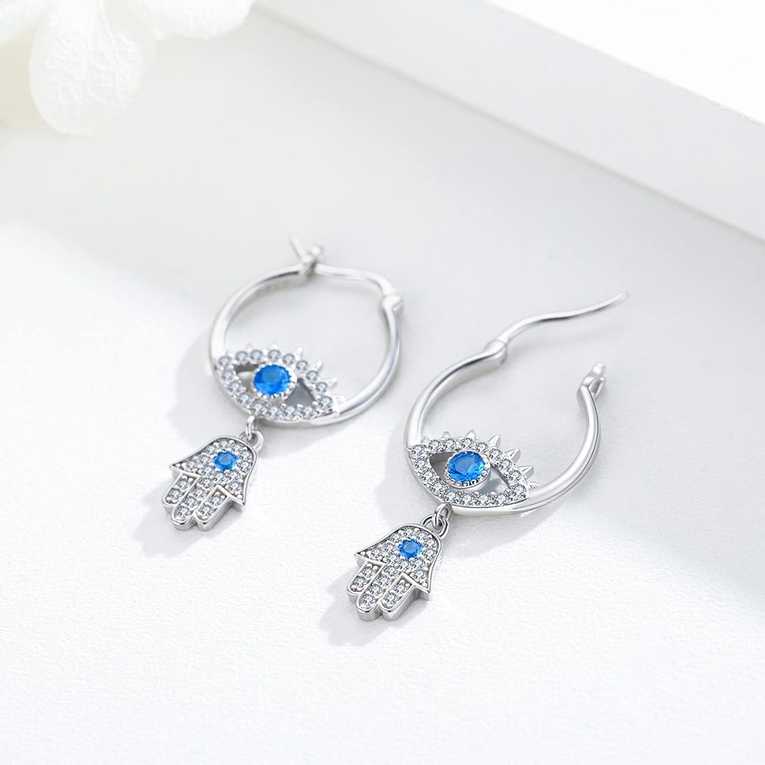 Evil Eye Earrings Sterling Silver Evil Eye Hamsa Hand Earrings Evil Eye Hoop Huggies with Blue Cz Hamsa Hand Drop Leverback Earrings Ancient Egypt Evil Eye Jewelry Gifts for Women Girls