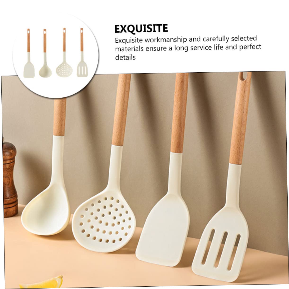 Set di Utensili da Cucina in Silicone Antiaderente Manico in Legno