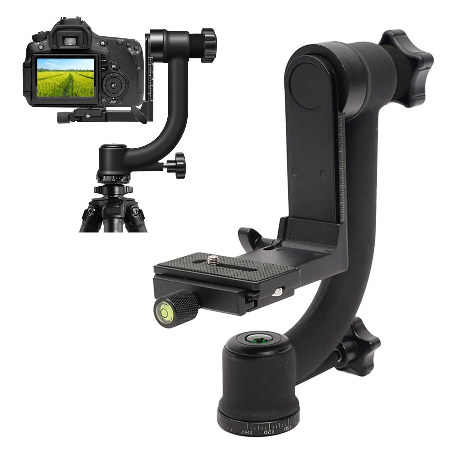 Testa cardanica in alluminio, testa per treppiede panoramica a 360°, fotocamera gimbal | Testa per treppiede con piastra a sgancio rapido Arca e livella a bolla, testa panoramica per fotocamere reflex