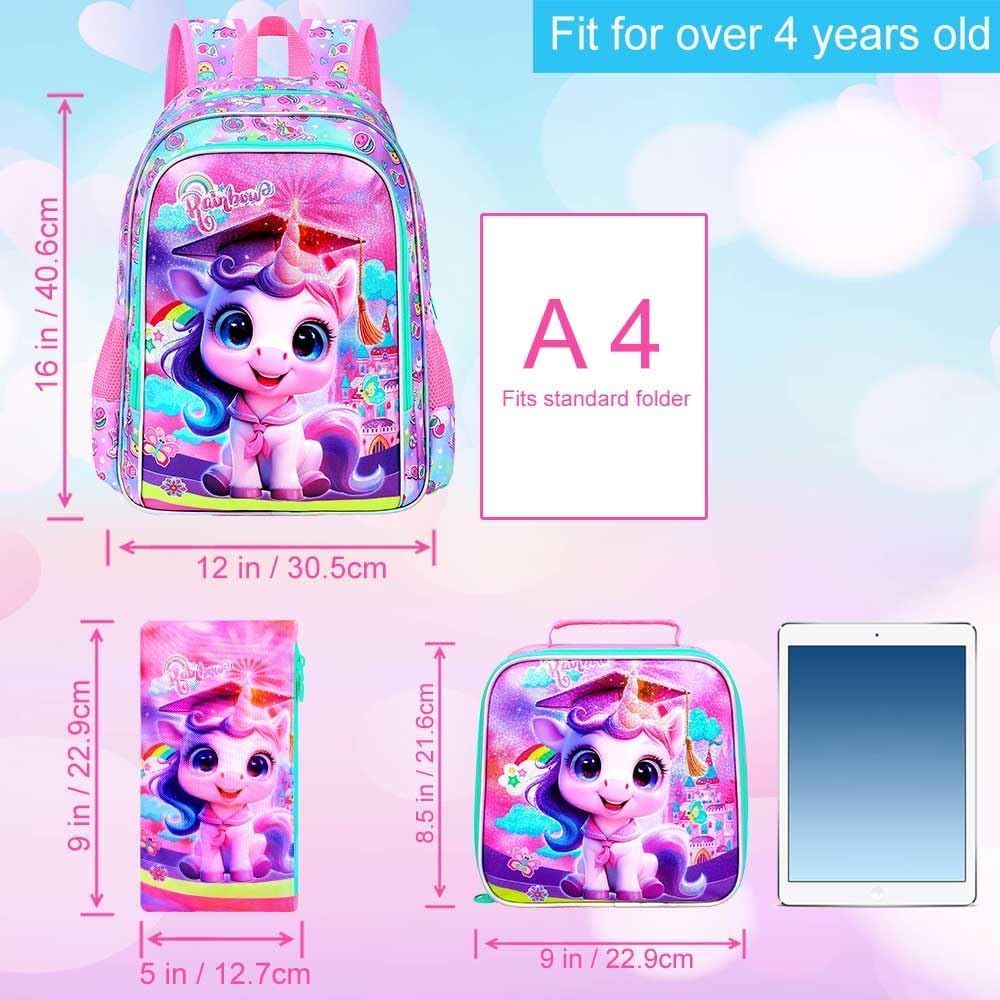 gxtvo 3PCS Unicorn Backpack, 16" Girls Bookbag with Lunch Box, Kids Water Resistant Elementary Preschool Toddler School Bag - Pink Dr. Unicorn - Image 4