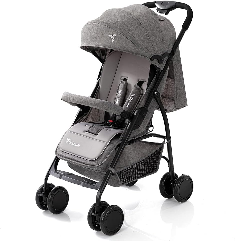 Teknum Trip Plus Stroller|Wide Cannopy & Seat|5-Point Safety Harness|Shock Absorbent System|Front Wheel 360° Swirl|Black Charcoal Frame|Coffee Cup Holder|Big Basket|Easy To Fold|6-36Months|Grey