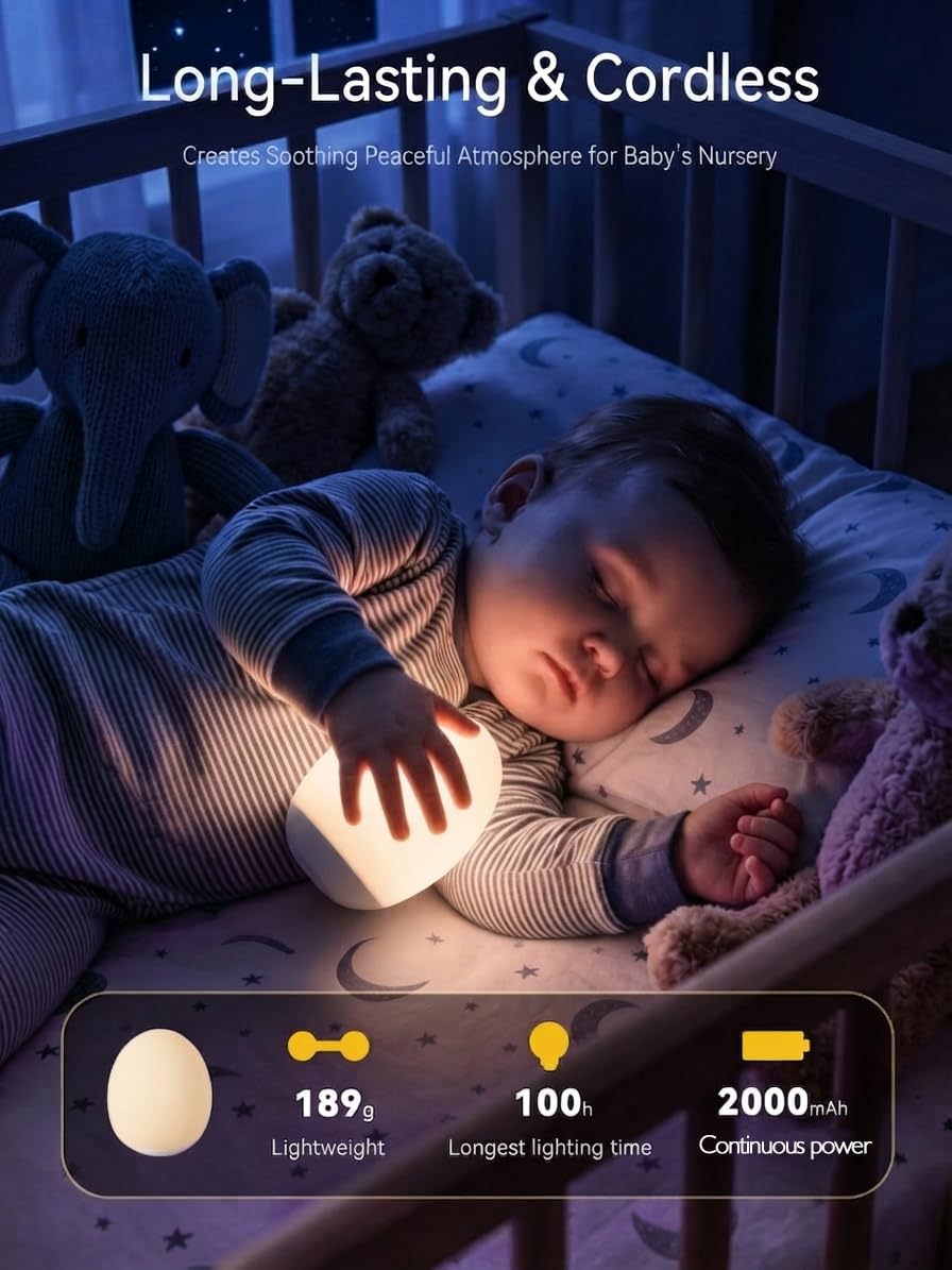 Luz nocturna de huevo de silicona para bebés, atenuación de 3 niveles, sensor de grifo y temporizador de 30 minutos, lámpara portátil para habitación de niños