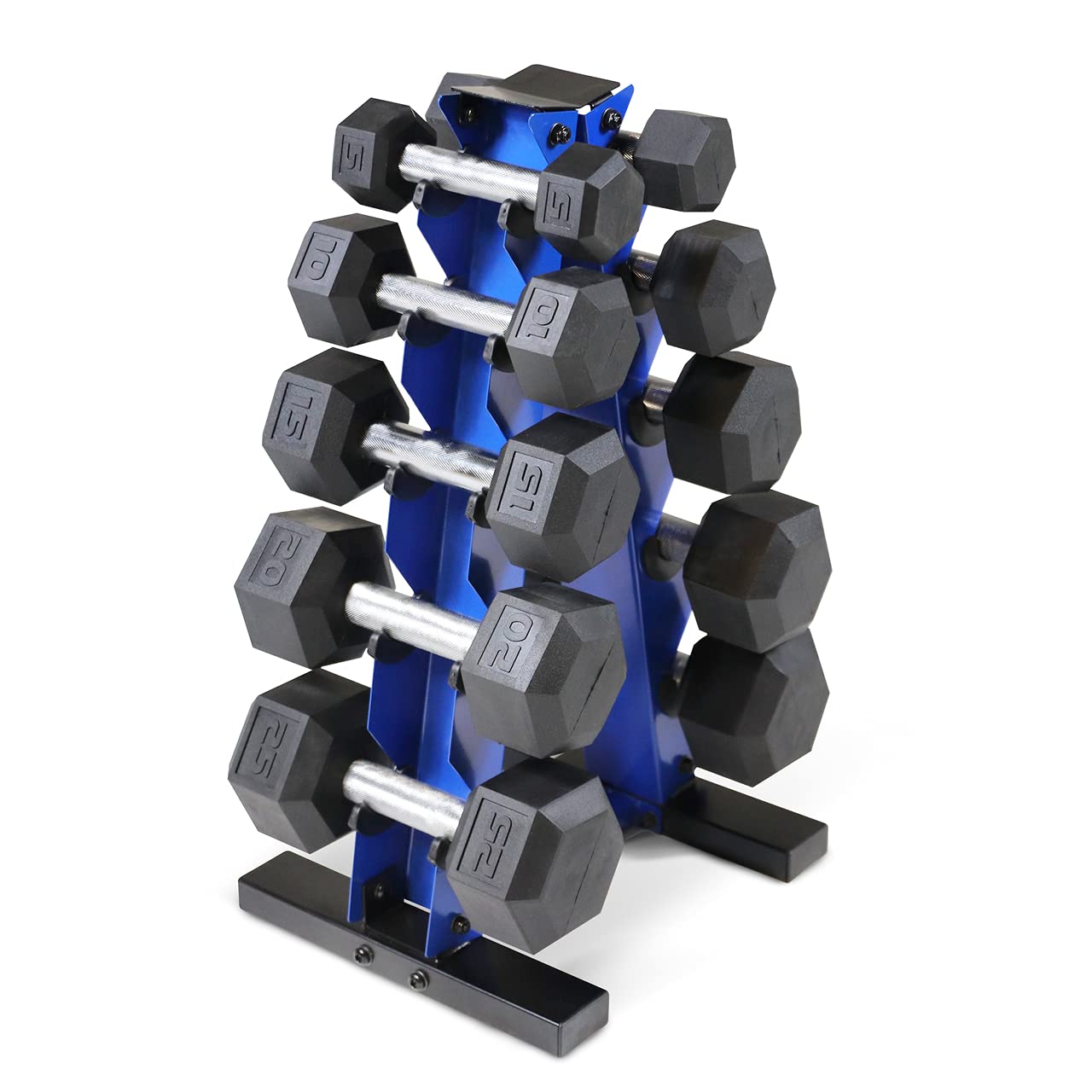 WF Athletic Supply 5-25Lb Rubber Coated Hex Dumbbell Set with A Frame Storage Rack Non-Slip Hex Shape for