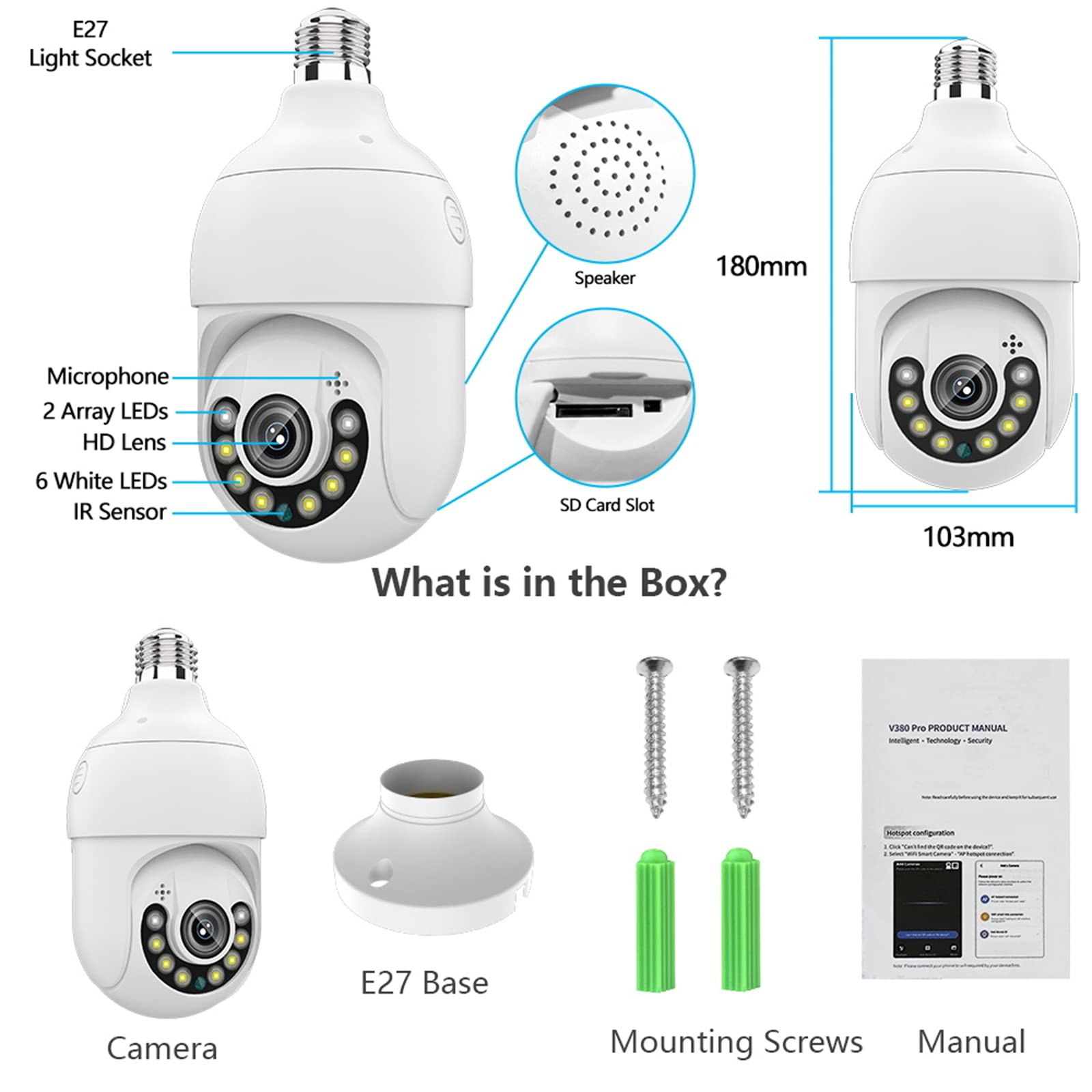 Cámaras De Seguridad Con Bombilla De 4MP Inalámbricas Para Exteriores, Cámara De Vigilancia Wifi PTZ Con Conector De Bombilla E27, Audio Bidireccional, Visión Nocturna,Add 32g card
