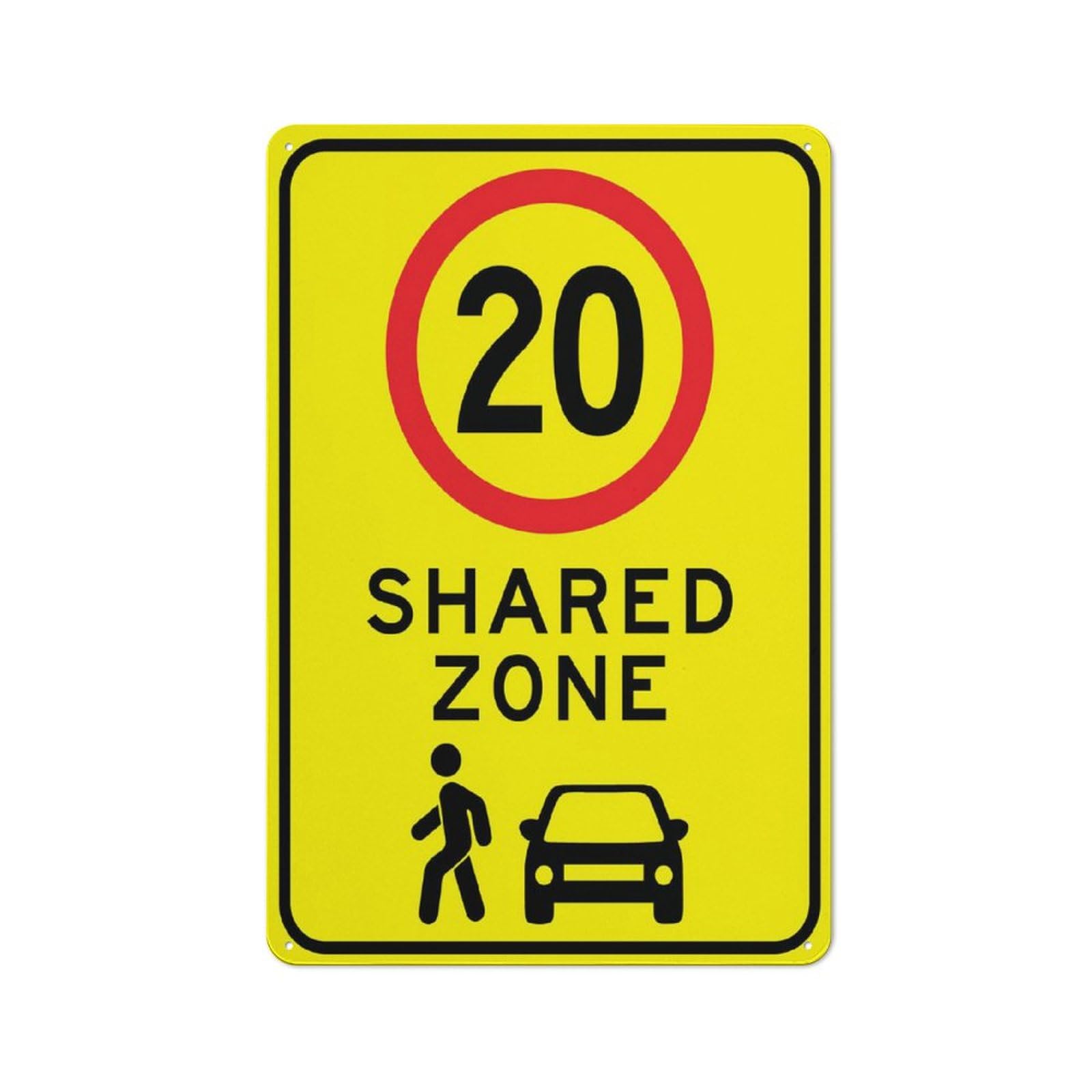 Shared Zone - 20Km (Bright Yellow) Warning Tin Sign, 8x12 Inch Wall Decor for Home, Kitchen, Farm, Garden, Garage