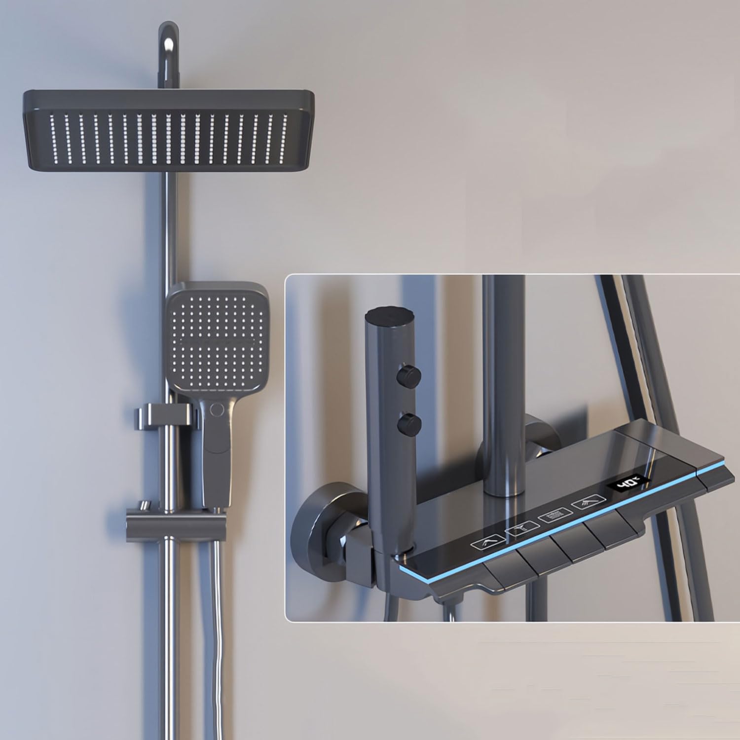 Système de douche encastré thermostatique chromé avec tête carrée réglable