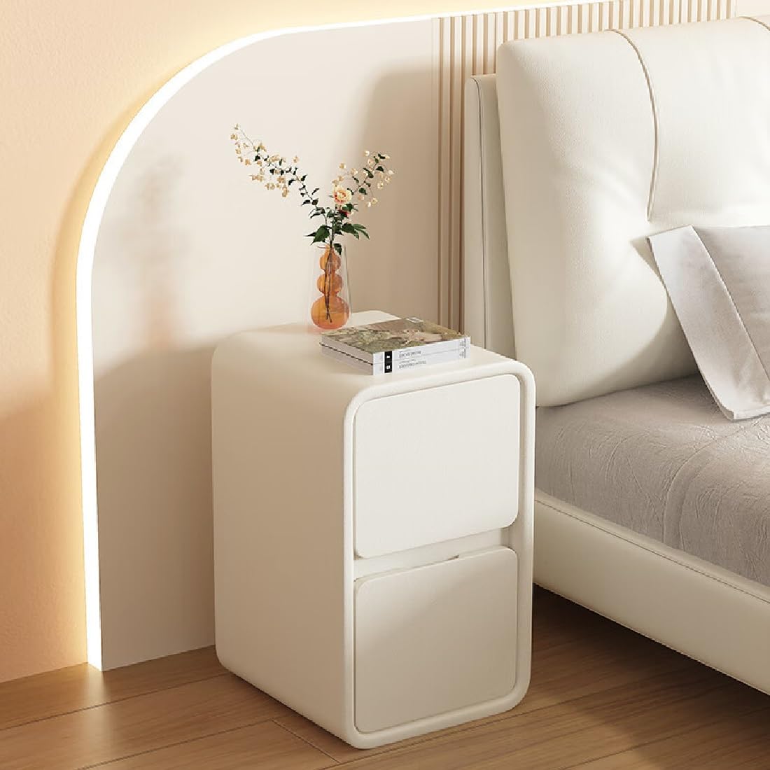 TrueyEssence Modern Bedside Table, Minimalist Nightstand Narrow Side Table with 2 Drawers for The Bedroom Living Room Small Space White