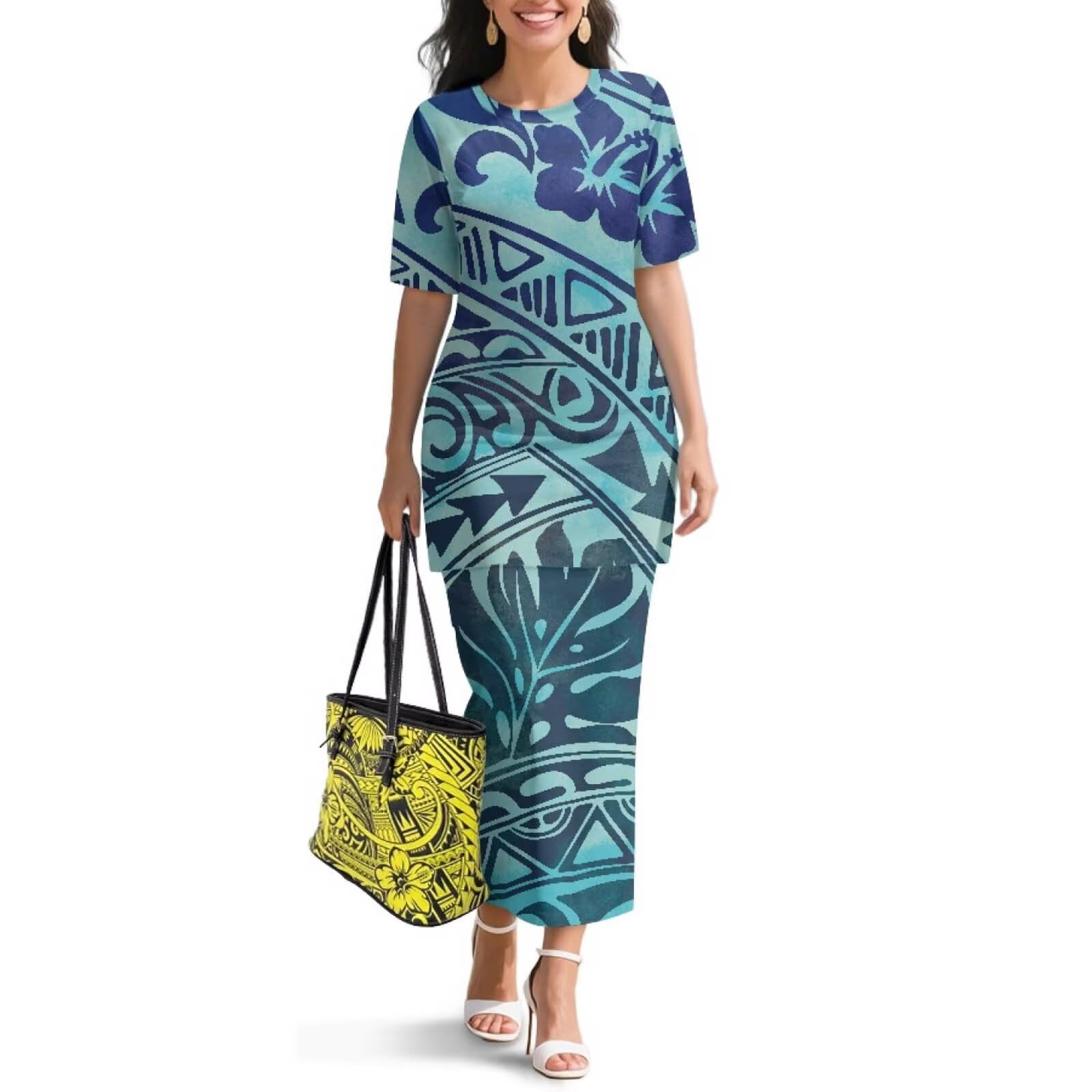 Polynesian Dress for Women Short Sleeve High Waist Maxi Skirt