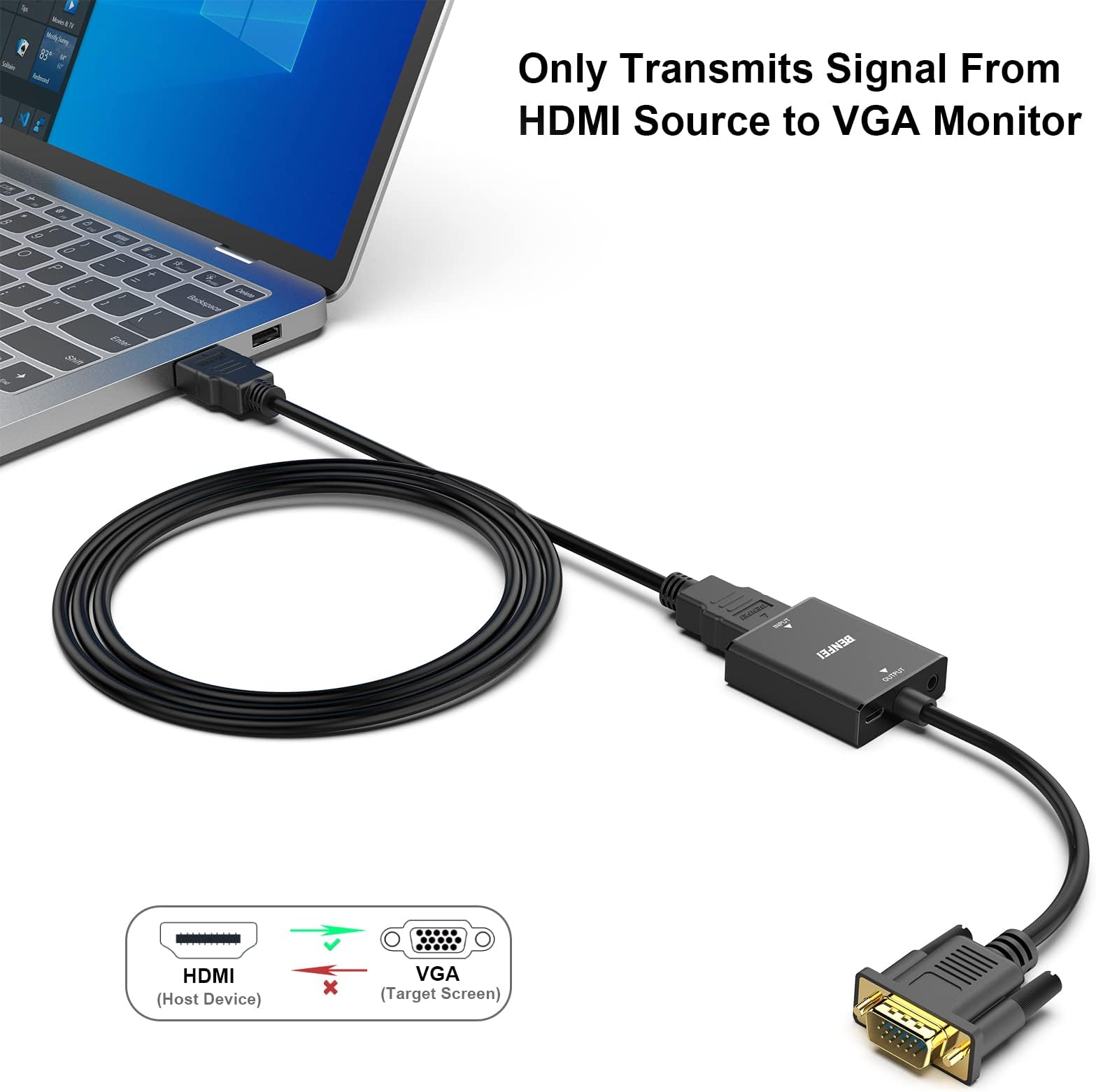 HDMI to VGA, BENFEI HDMI to VGA Adapter (Female to Male) with 3.5mm Audio Jack Compatible for TV Stick, Computer, Desktop, Laptop, PC, Monitor, Projector, Raspberry Pi, Roku, Xbox and More - Black