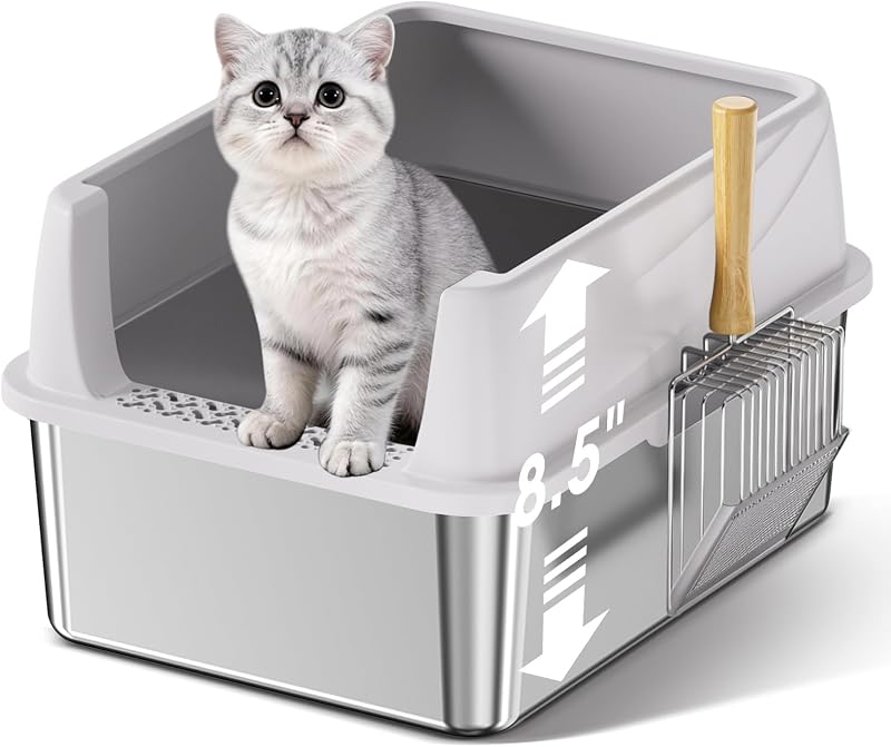 Caixa de Areia para Gatos Bsemax em Aço Inoxidável com Tampa, Bandeja Alta e Pá, 44,2 x 34,3 x 21,6 cm