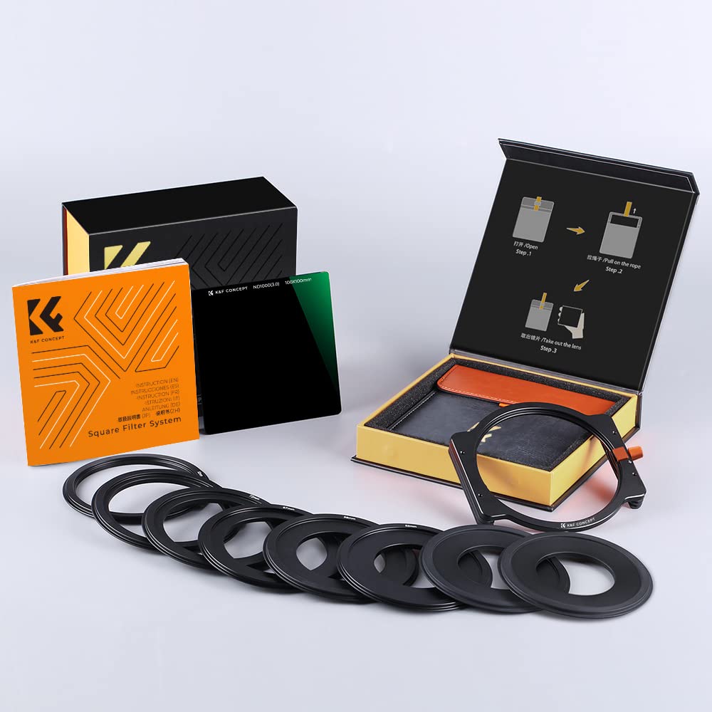 K&F Concept Filtre ND1000 Carré 100 X 100 mm et Porte Filtre avec 8 Bagues Adaptateurs Inclus pour Objectif Appareil Photo