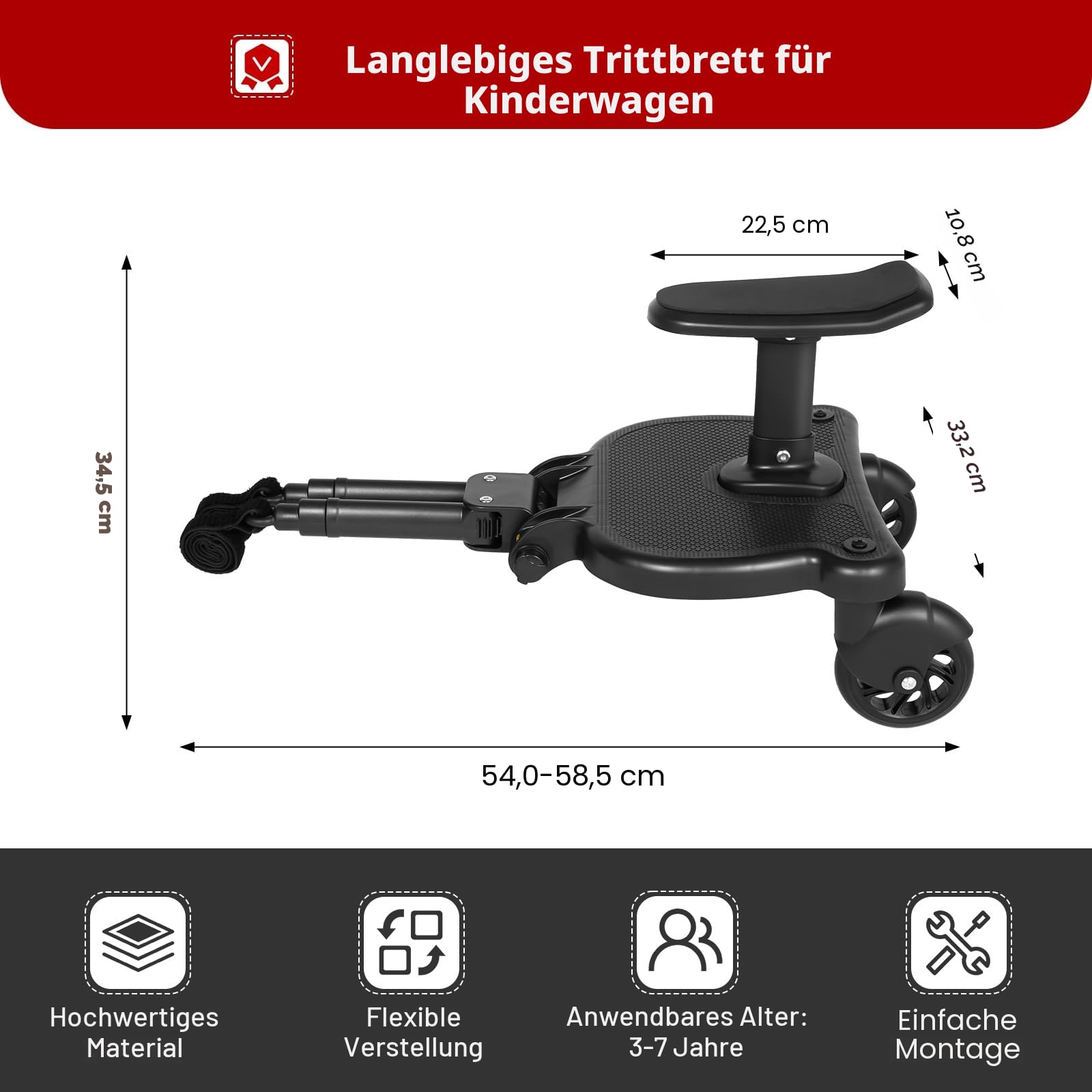 2-in-1 Kinderwagenbrett, Trittbrett Mitfahrbrett Universal Einstellbar Buggyboard mit Einem Abnehmbaren Sitz & Pu-Räder Maximale Belastbarkeit 25 Kg/55.11 Lbs Geeignetes Alter 3-7 Jahre Alt