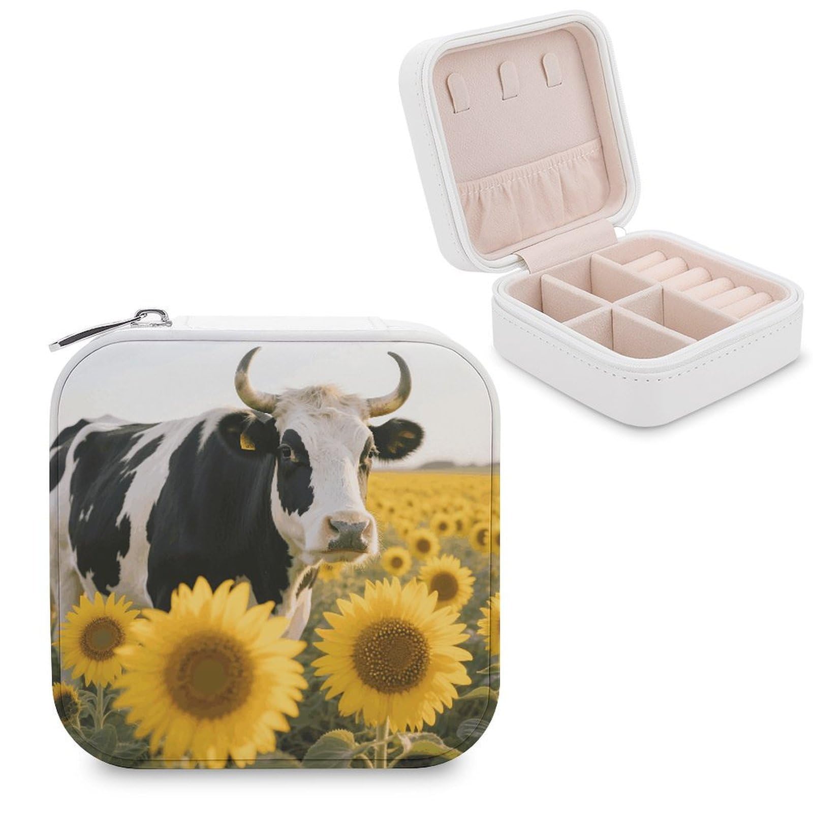 VstaDank Cow Sunflowers Jewelry Organizer Travel Case for Women With Zipper Mini Jewelry Case PU Leather Jewelrys Box for Rings Necklaces Bracelets Earring Holder Organizer Storage