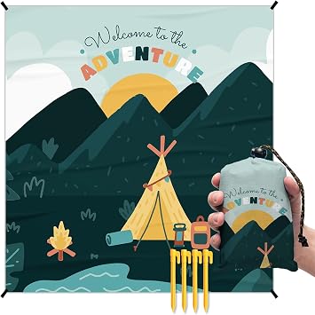 Camping Pocket Picnic Blankets, Camp Mini Beach Camping Blanket Waterproof Sandproof, Welcome to The Adventure RV Outdoor Picnic Blanket Mat Gifts for Camper Campsite Travel Hiking 55x60in