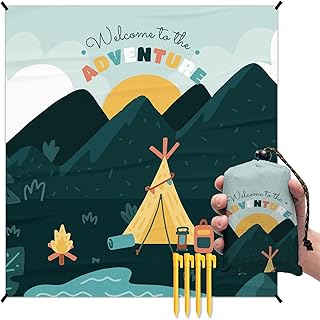 Camping Pocket Picnic Blankets, Camp Mini Beach Camping Blanket Waterproof Sandproof, Welcome to The Adventure RV Outdoor Picnic Blanket Mat Gifts for Camper Campsite Travel Hiking 55x60in