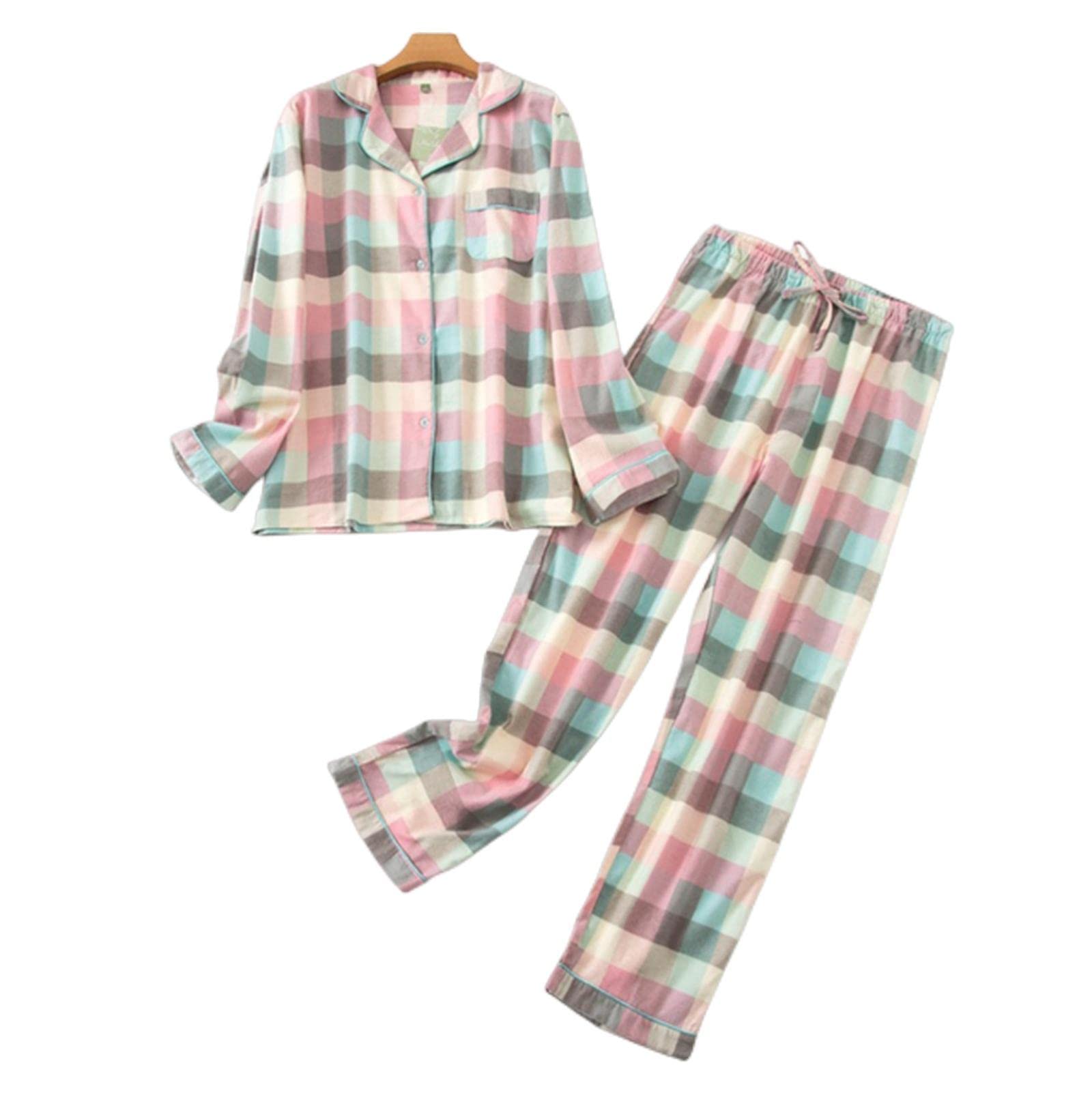MOGSA Pijamas para mujer, tallas grandes, ropa de franela de algodón para mujer, traje de otoño y primavera, estampado a cuadros, tops para dormir