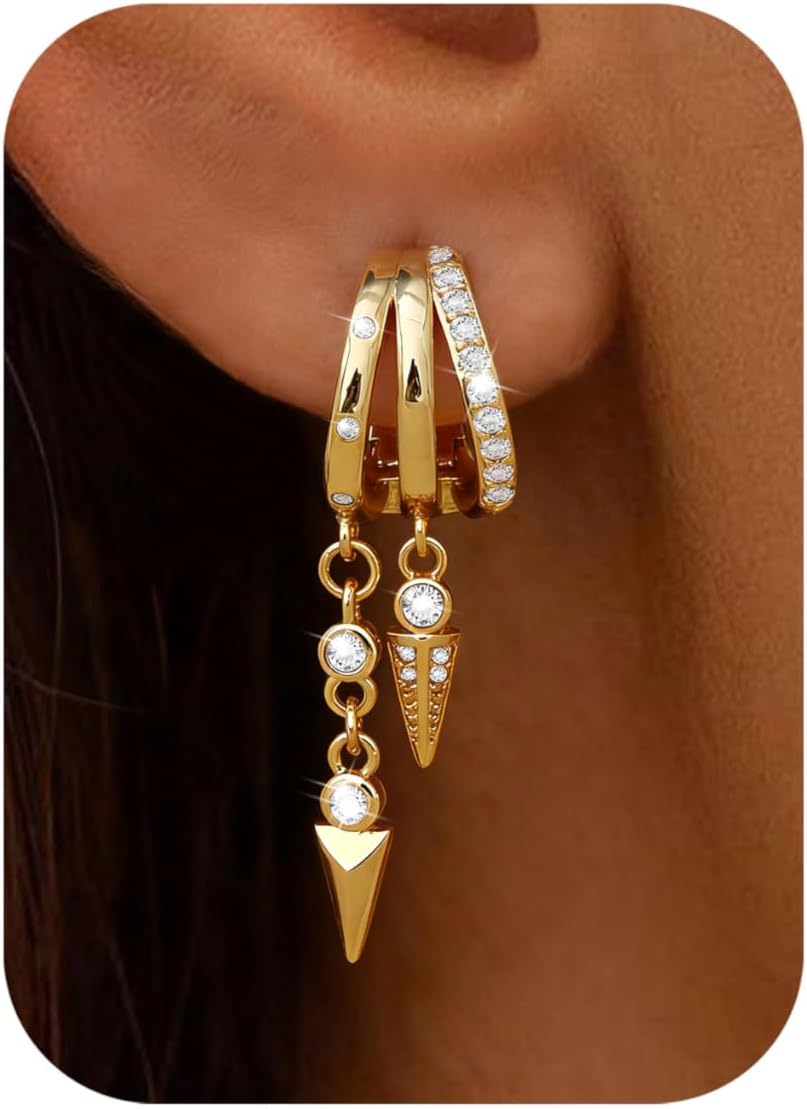 925 Sterling Silver Dangle Earrings for Women Trendy 14K Gold Plated Triple Huggie Hoop Earrings Dainty Chain Drop Earrings Hypoallergenic Statement Earrings Fashion Jewelry