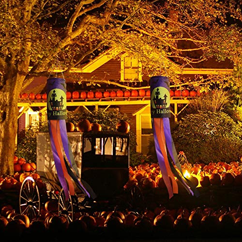 CHWARES 40 Inch Halloween Flag Windsock, Pumpkin Ghost Castle Halloween Windsock Flag Hanging Decoration Patio Lawn Garden Party(2, Puple) - Thumbnail 6