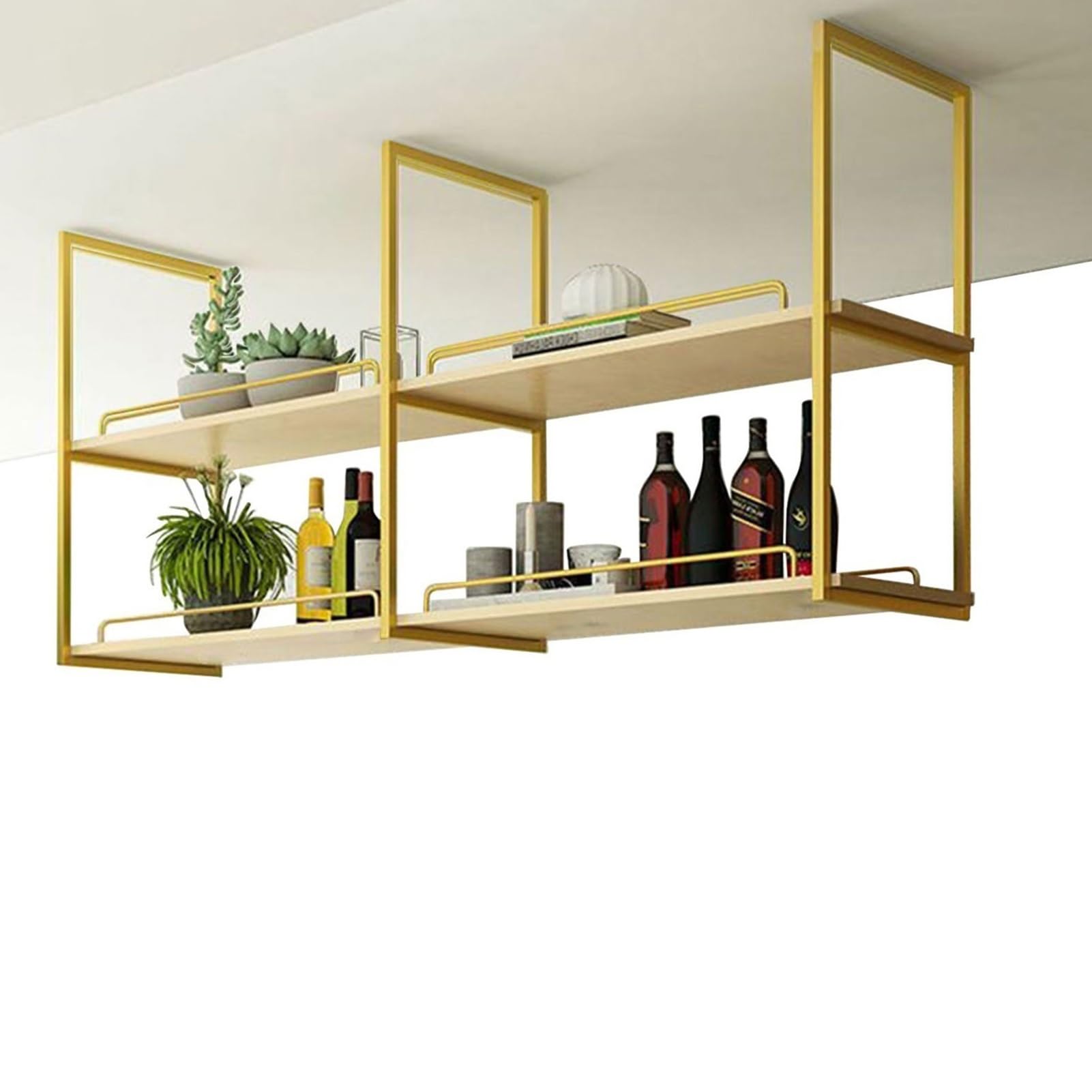 ksxnkhk Ceiling Shelf Wood Shelving Kitchens Storage Rack, Hanging Decorations Display Racks for Bars Restaurants, Floating Suspended Shelves | 2-Layer(Gold,120x30x80cm)