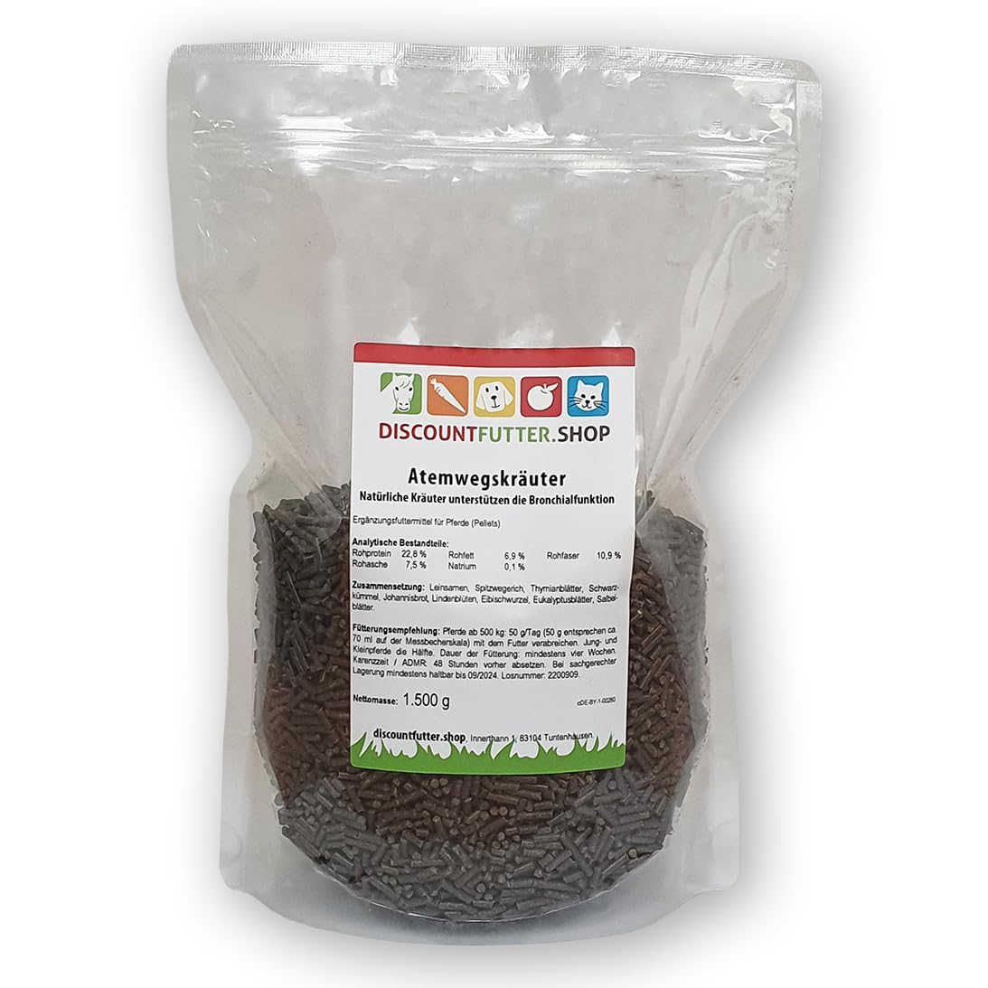 Atemwegskräuter (100% Natur - 1, 5 kg Pellet) für Pferde | Husten - Bronchialfunktion stärken | Immunsystem Pferd | Kräuter ohne Getreide & Zucker