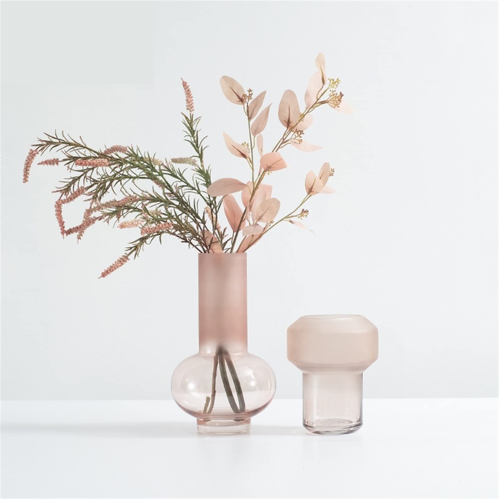 Vaso Di Fiori Decorazione moderna semplice in vaso di vetro rosa Disposizione fiori smerigliati Stanza campione morbida Tavolo da soggiorno floreale(Piccolo)