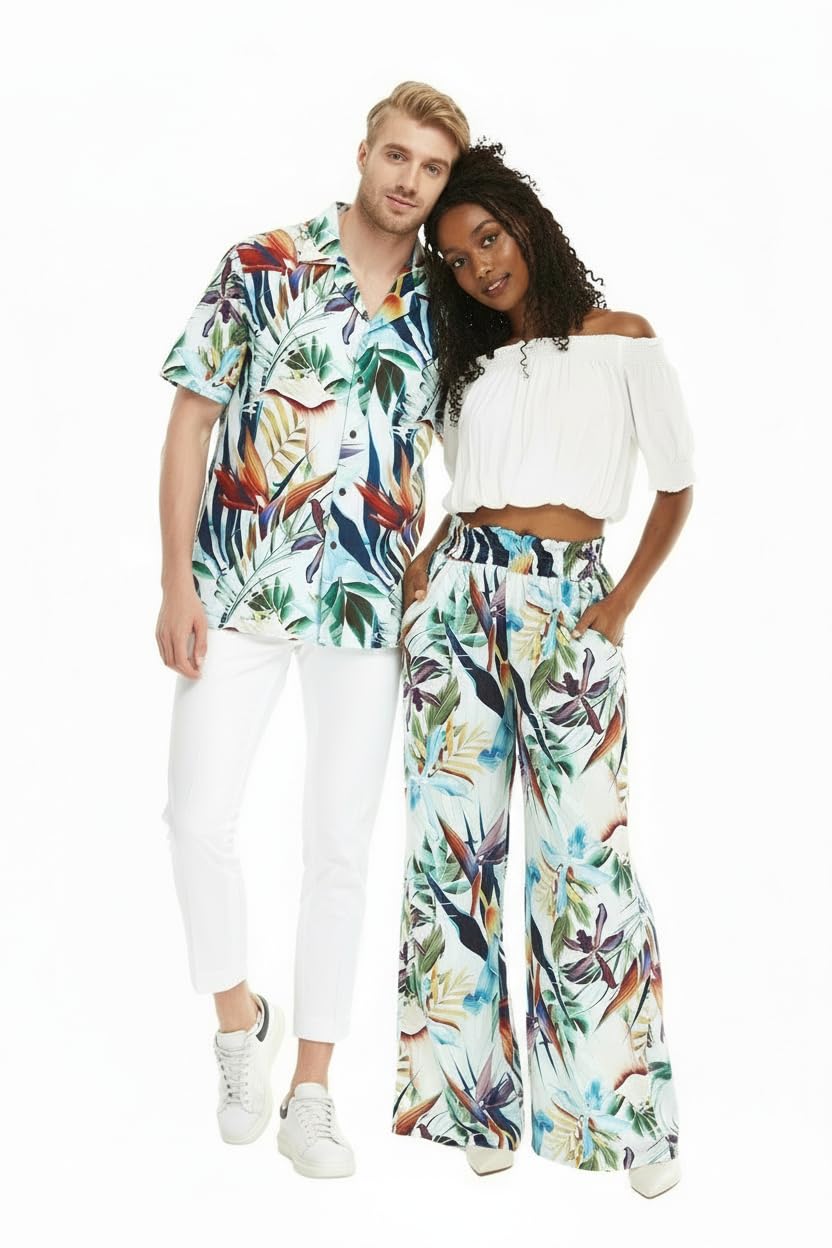 Matchable Couple Hawaiian Luau Shirt or Wide Legged Pants with Pockets in Lost in Paradise