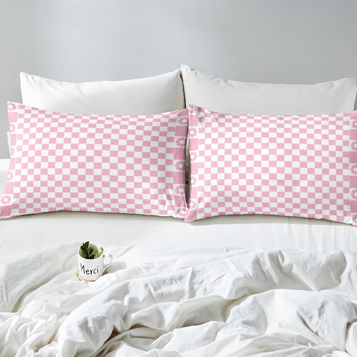Pink White Grid Duvet Cover Set Toddler Size, Geometric Lattice Checkerd Bedding Set 2pcs, Pink Flower Plaid Comforter Cover, Kids Girls Room Decor, Soft Polyester Quilt Cover, 1 Pillowcase, No Filler