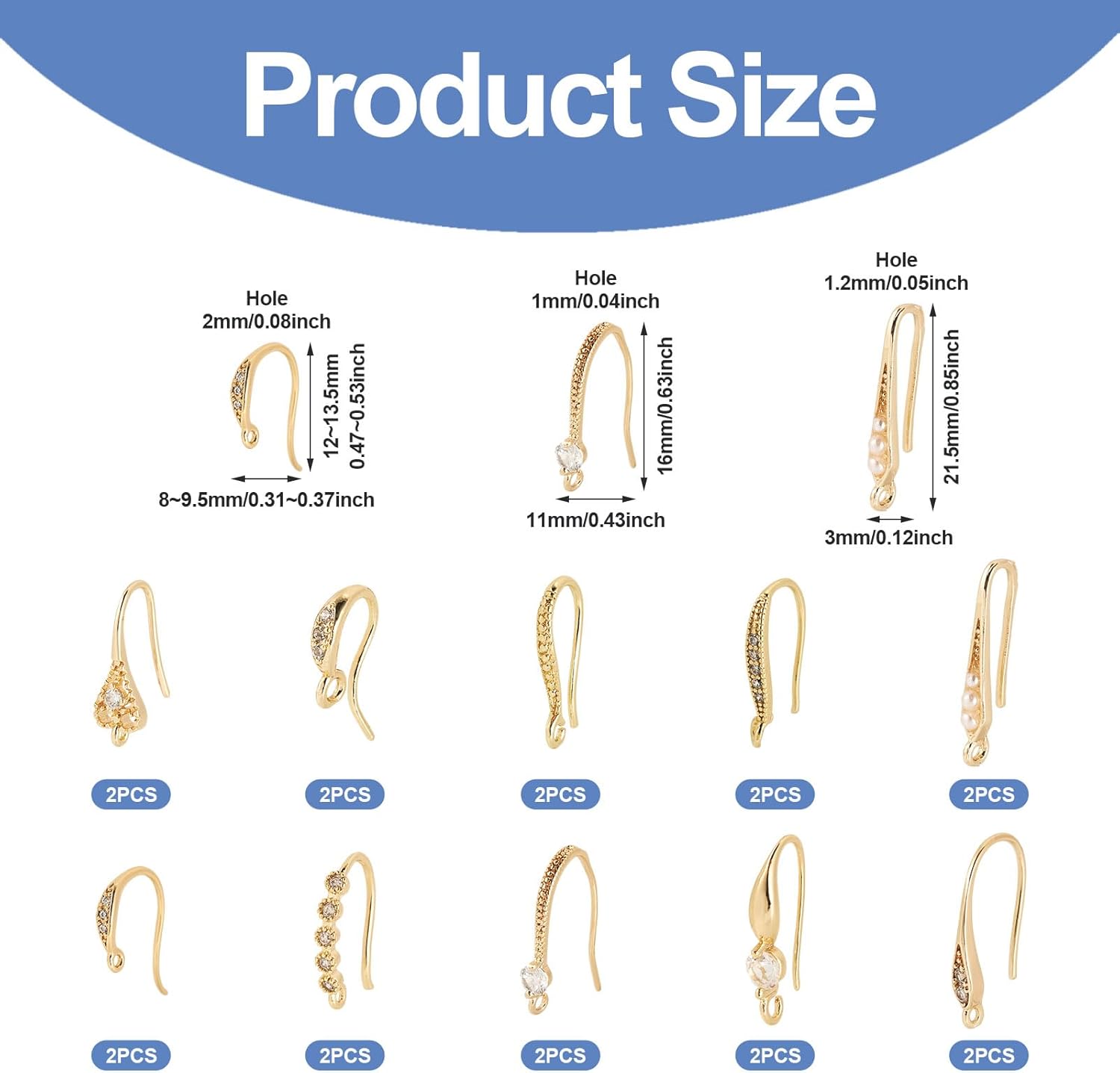 Craftdady 20pcs Cubic Zirconia Earring Hooks Clear Crystal French Ear Wire 18K Gold Plated Fish Hooks with Horizontal Loop for DIY Earring Jewelry Making 8.5-21.5 mm - Image 3