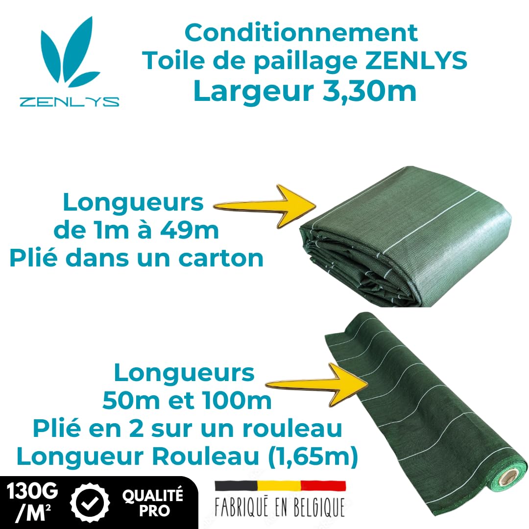 Pack Agrafes et Toile de paillage - Anti Mauvaises Herbes Longueur 15m Largeur 3,3m - Lot Bache Vert 130gr par m2 - Geotextile - Grande Largeur 3M ZENLYS
