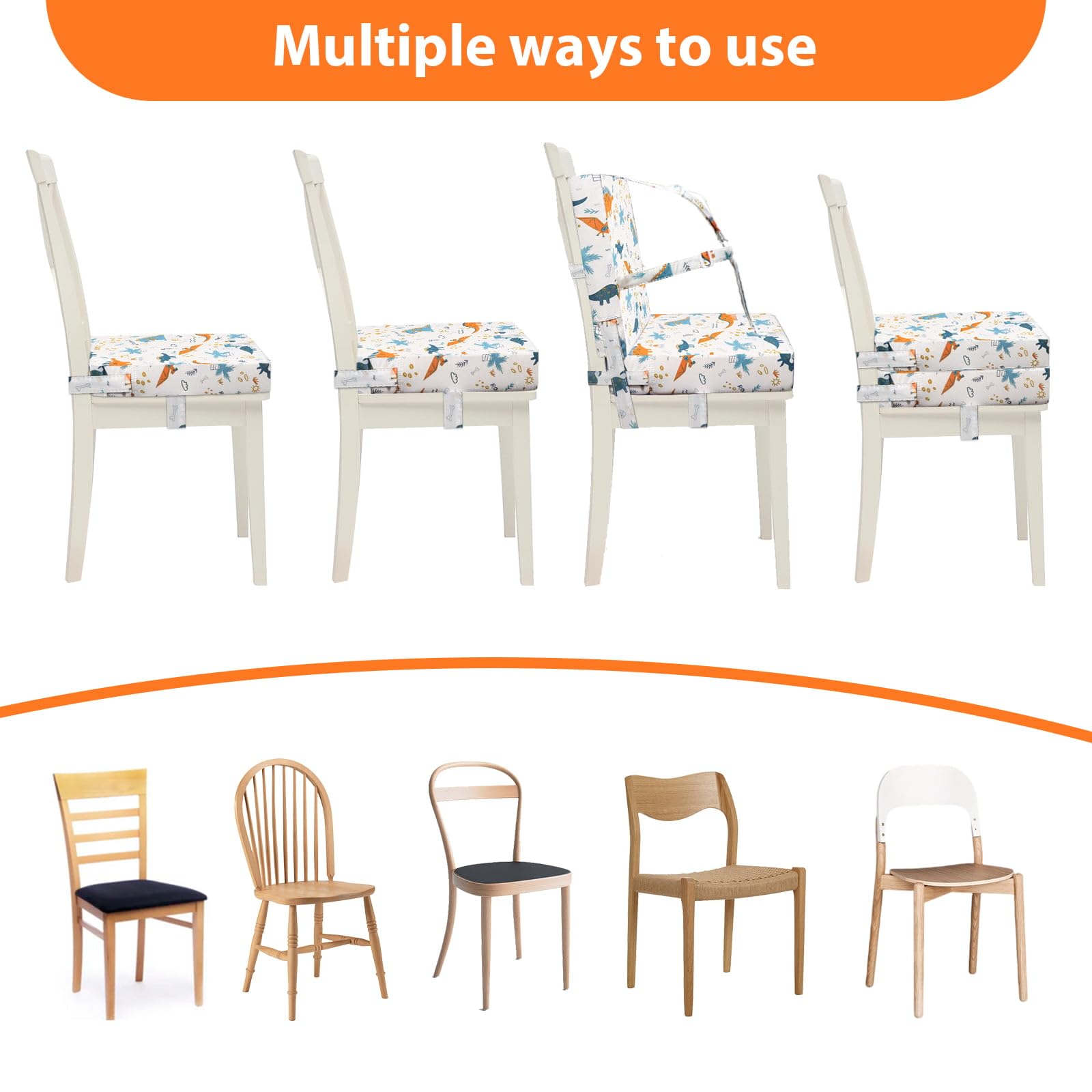 Rehausseur Chaise Enfant, Boucle de Sécurité 5 Points, Facile à Nettoyer Sangles de Sécurité Réglables et Fond Antidérapant（Blanc)