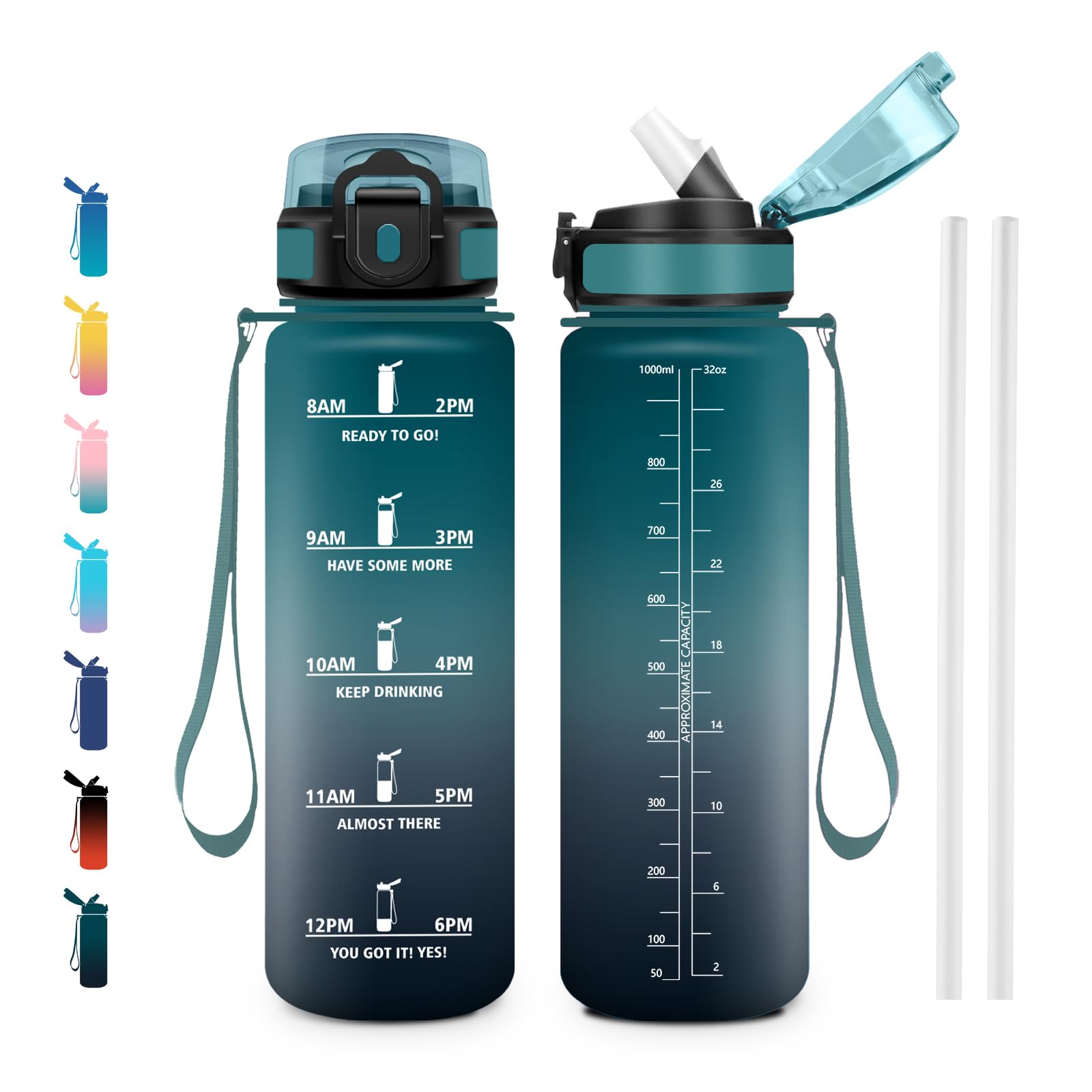 JAPORIA Gourde Motivation 1L, Bouteille d'eau sans BPA, Gourde avec Paille et Marqueur de Temps pour Fitness, Yoga, Bureau, Randonnée - 2