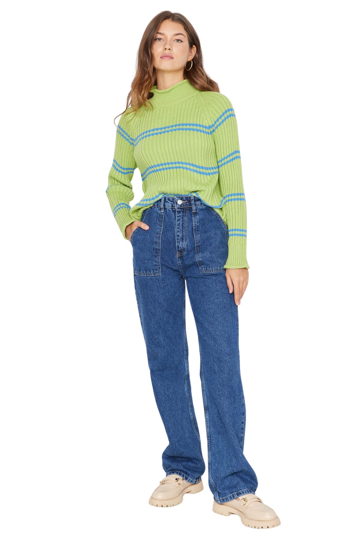 Trendyol Damen Navy Blue Pocket Detailed High Waist Wide Leg Jeans Twoaw22je0595, Blue, 34