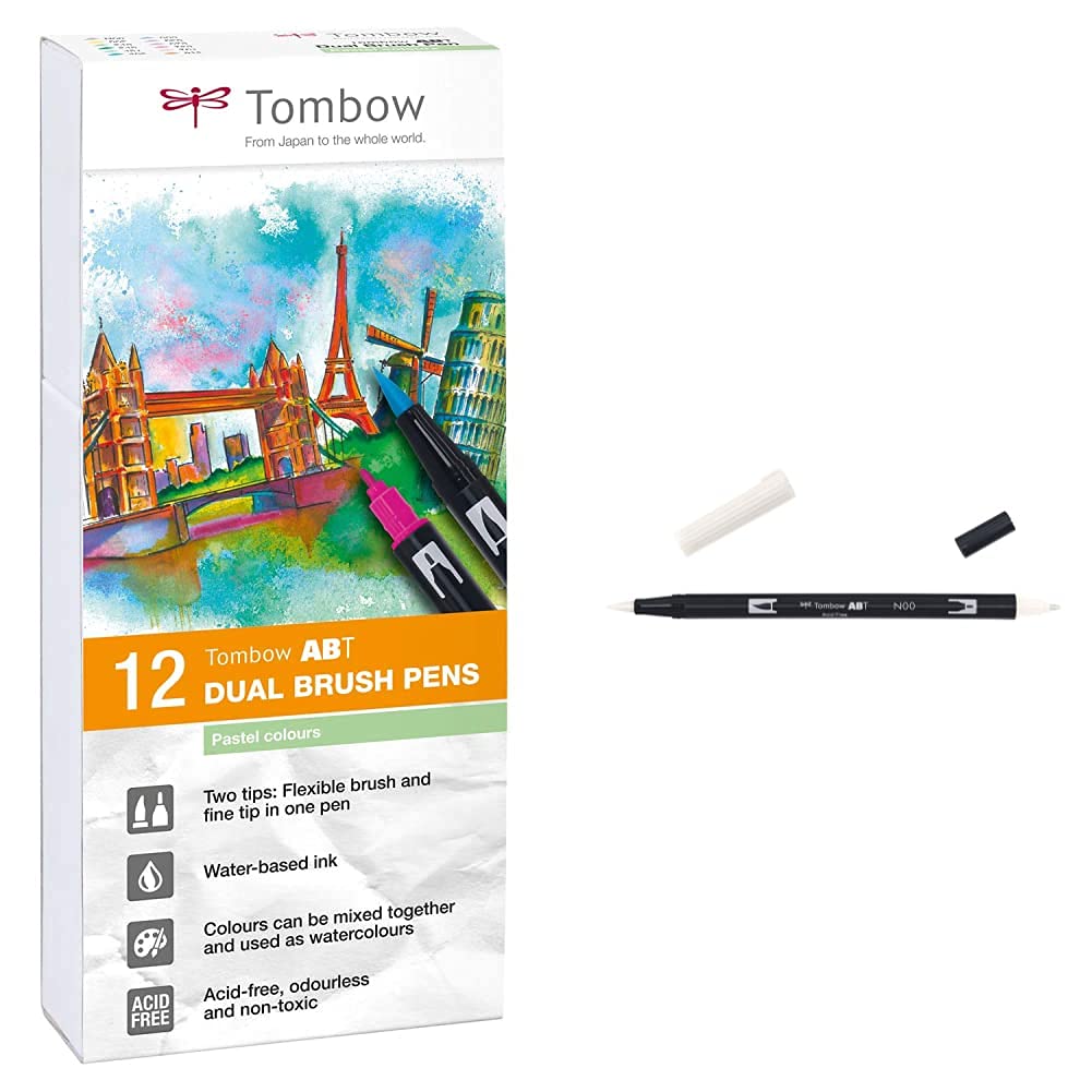 Tombow ABT-12P-2 Fiber Pen Dual Brush Pen con dos puntas Juego de 12 colores pastel + Rotulador con doble punta, color incoloro