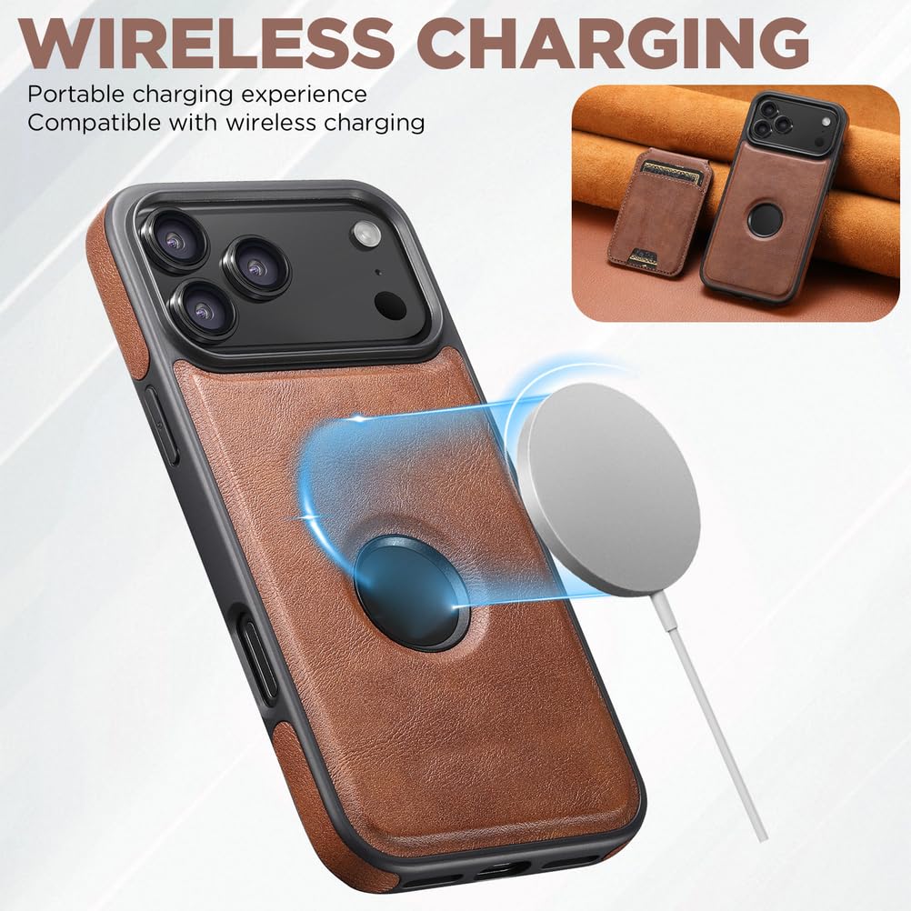 Skórzane etui na iPhone'a 17 Pro Max/17 Pro/Air/17, magnetyczny odpinany uchwyt na karty, etui z podstawką i logo. Widok biznesowy.