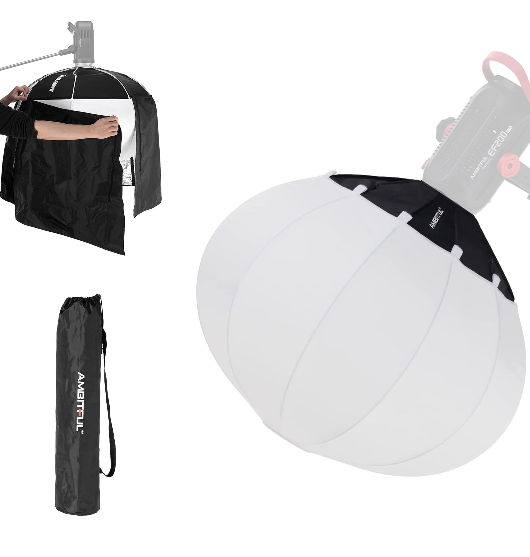 AMBITFUL LS65 Lantern Softbox Foldable Quick-install Portable Round Shape Dome Light Softbox compatible with Bowens Mount for Studio Strobe Flash and LED + Reflective & Blackout Cloth Skirt Set - 65cm