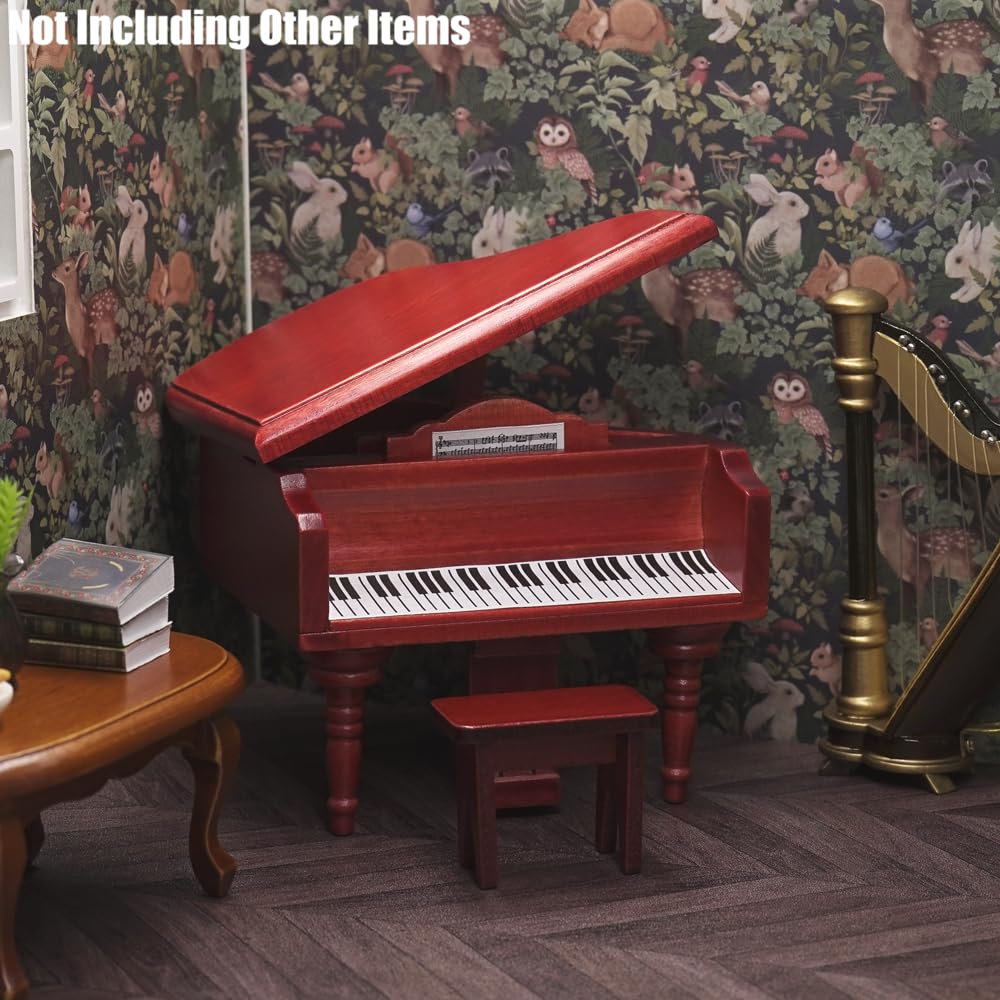 Piano Miniature Maison De Poupée Odoria Échelle 1/12 - Meuble Salon Vintage Noir Bois Avec Banc