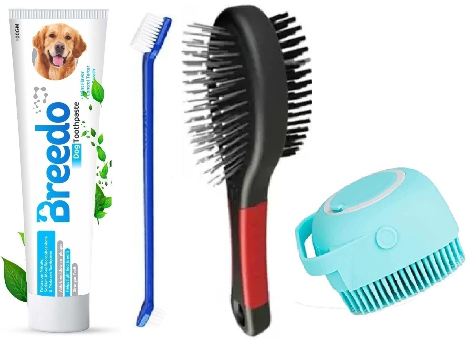 Breedo (Combo of 4) Toothpaste + Comb + Gloves + Teeth Brush for All Breed Dogs Combo Kit for Dog| Cat| Monkey| Rabbit|Dog Comb|Pet Comb| Dog Toothpaste| Dog Teethbrush