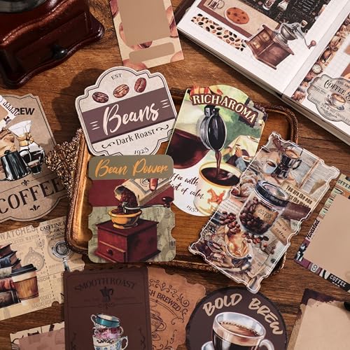 Image of emmoolife Scrapbooking Supplies Kit, Coffee Vintage Aesthetic Scrapbook Kit for Bullet Junk Journal, DIY Journaling Supplies with Coffee Bean Cup, Latte Art, Birthday Craft Gift for Teen Girl Women