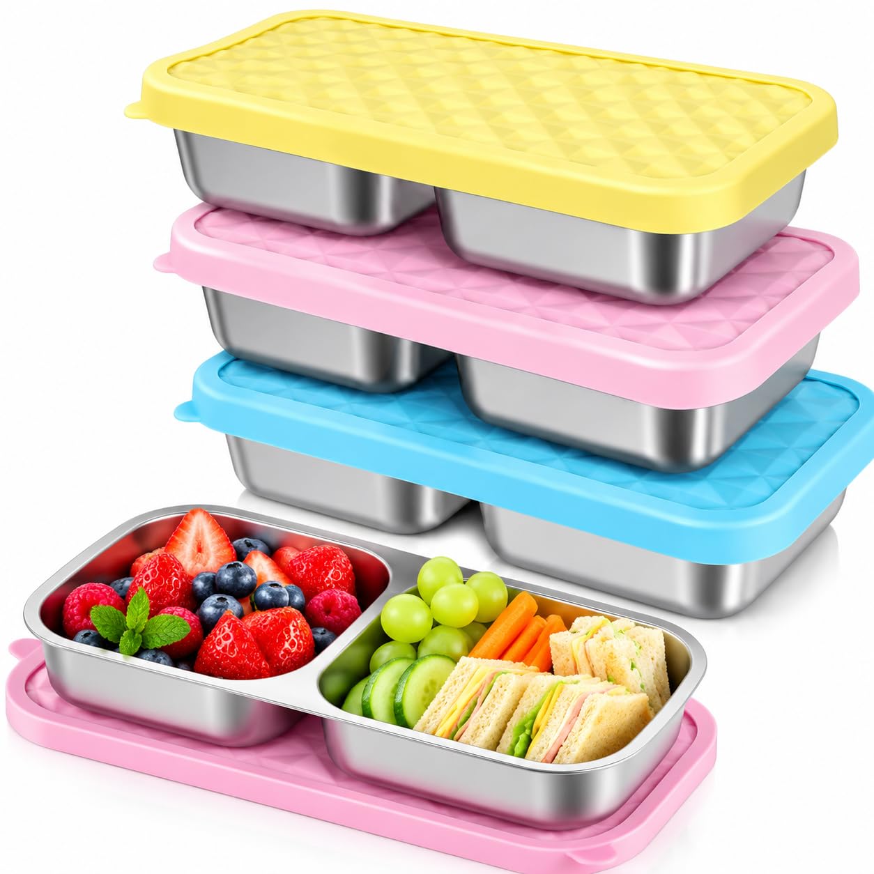 3 Pack Stainless Steel Snack Containers with Soft Silicone Lids for Kids