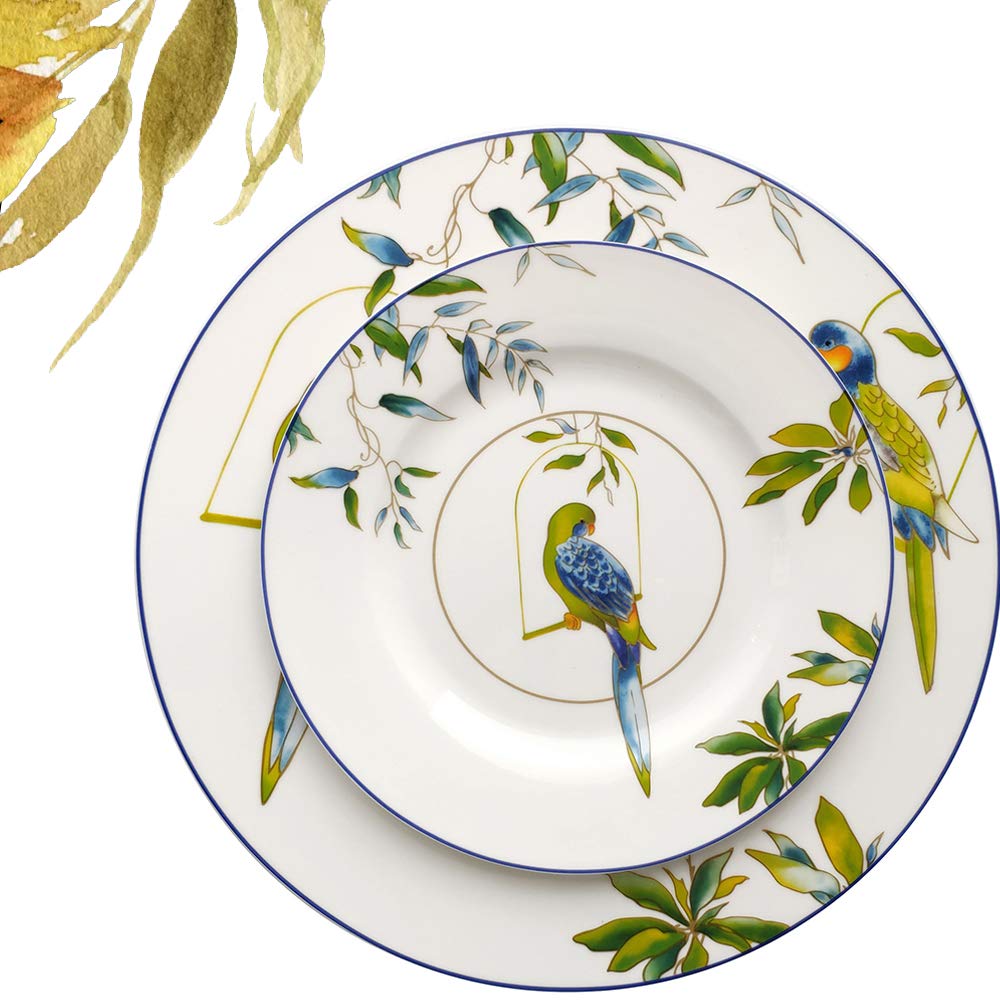 Juego de vajilla de porcelana americana de porcelana de estilo rústico, con diseño de flores y pájaros, plato de comida occidental, cuenco de arroz, combinación sencilla de porcelana