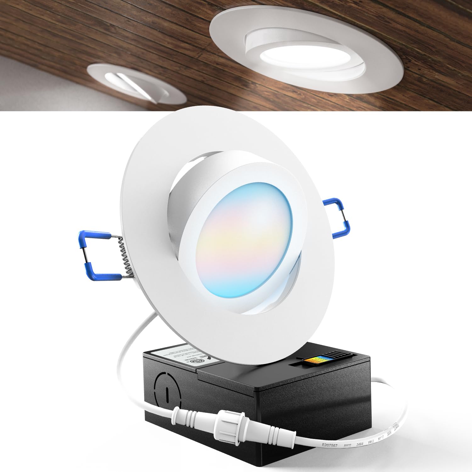 Sunco Adjustable Recessed Lighting 4 Inch LED, Angled Directional Eyeball Canless Gimbal, 750 LM, Selectable CCT 2700K/3000K/4000K/5000K/6000K,