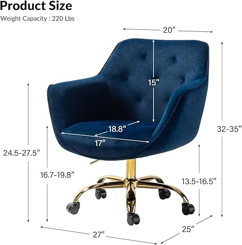 Miniatura 2 de HULALA HOME Silla de oficina de terciopelo con base dorada, moderna y bonita silla de escritorio con respaldo medio, silla giratoria ajustable para