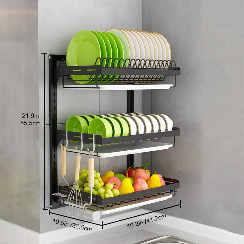 3-Stöckiges Wand-Abtropfgestell Für Geschirr – Höhenverstellbarer Abtropfkorb Für Teller, Schüsseln, Gemüse Und Obst Mit 3 Haken, Abtropfbrettern Und Besteckkor,No Side Holder