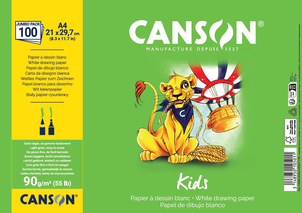 CANSON Kids, White Drawing Paper, Light Grain, 90gsm, Sheet, A4-21x29.7cm, White, 100 Sheets