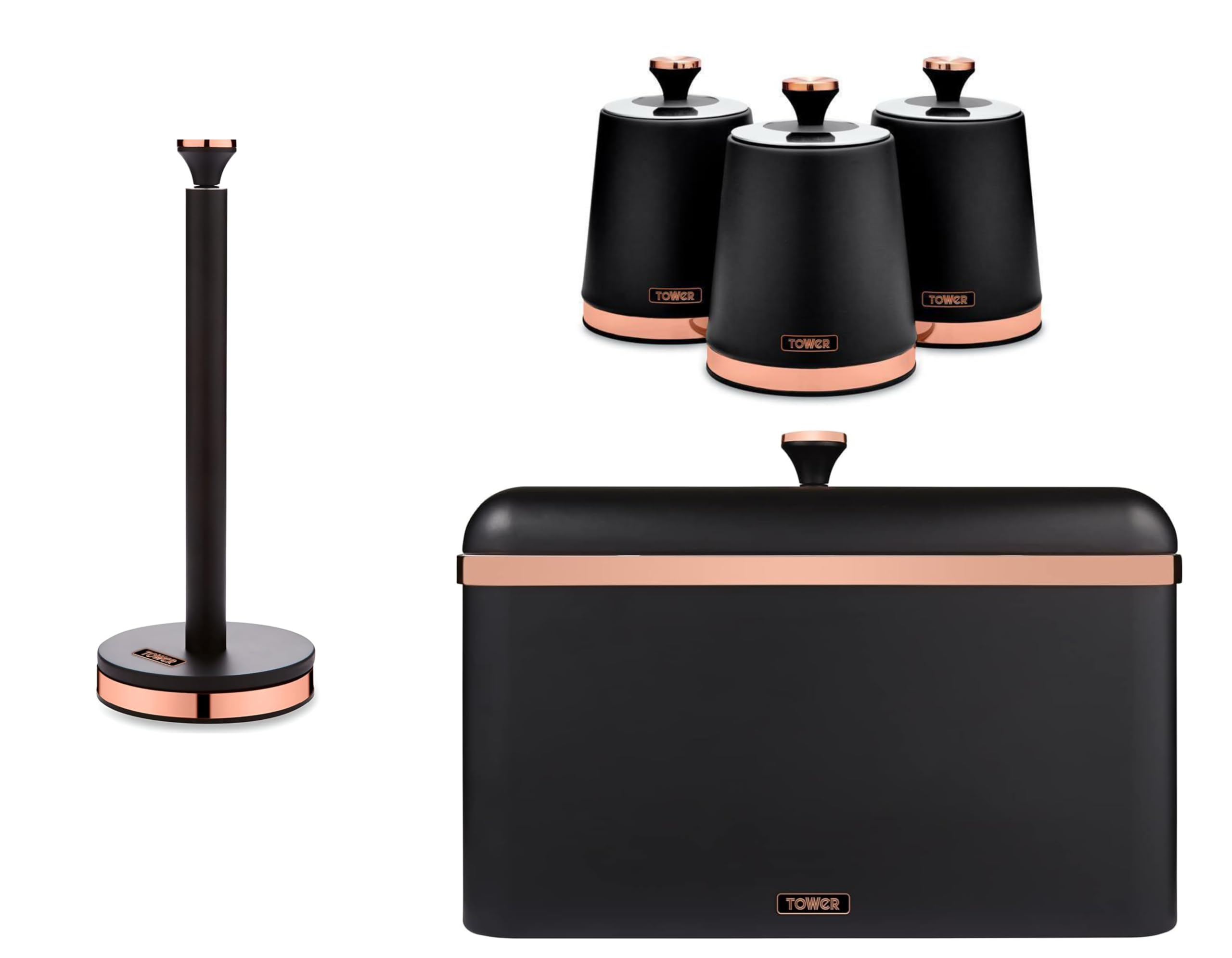 Tower Black Cavaletto Bread Bin, Tea, Coffee, Sugar Canisters And Kitchen Roll Holder. Contemporary Kitchen Storage Set Of 5 Items. Matte Finish With Elegant Rose Gold Accents